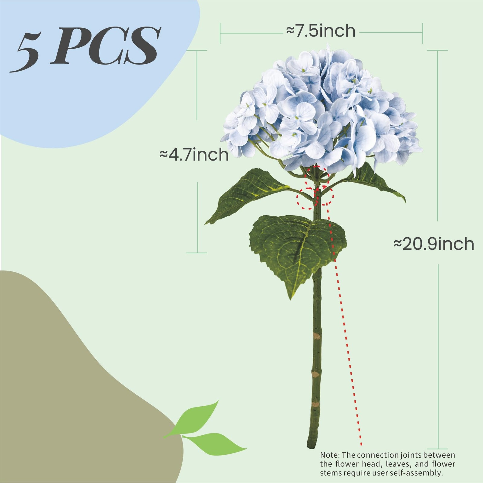 21In Blue Artificial Hydrangea Flowers 5 Pcs Real Touch 3D Print Latex Flower…