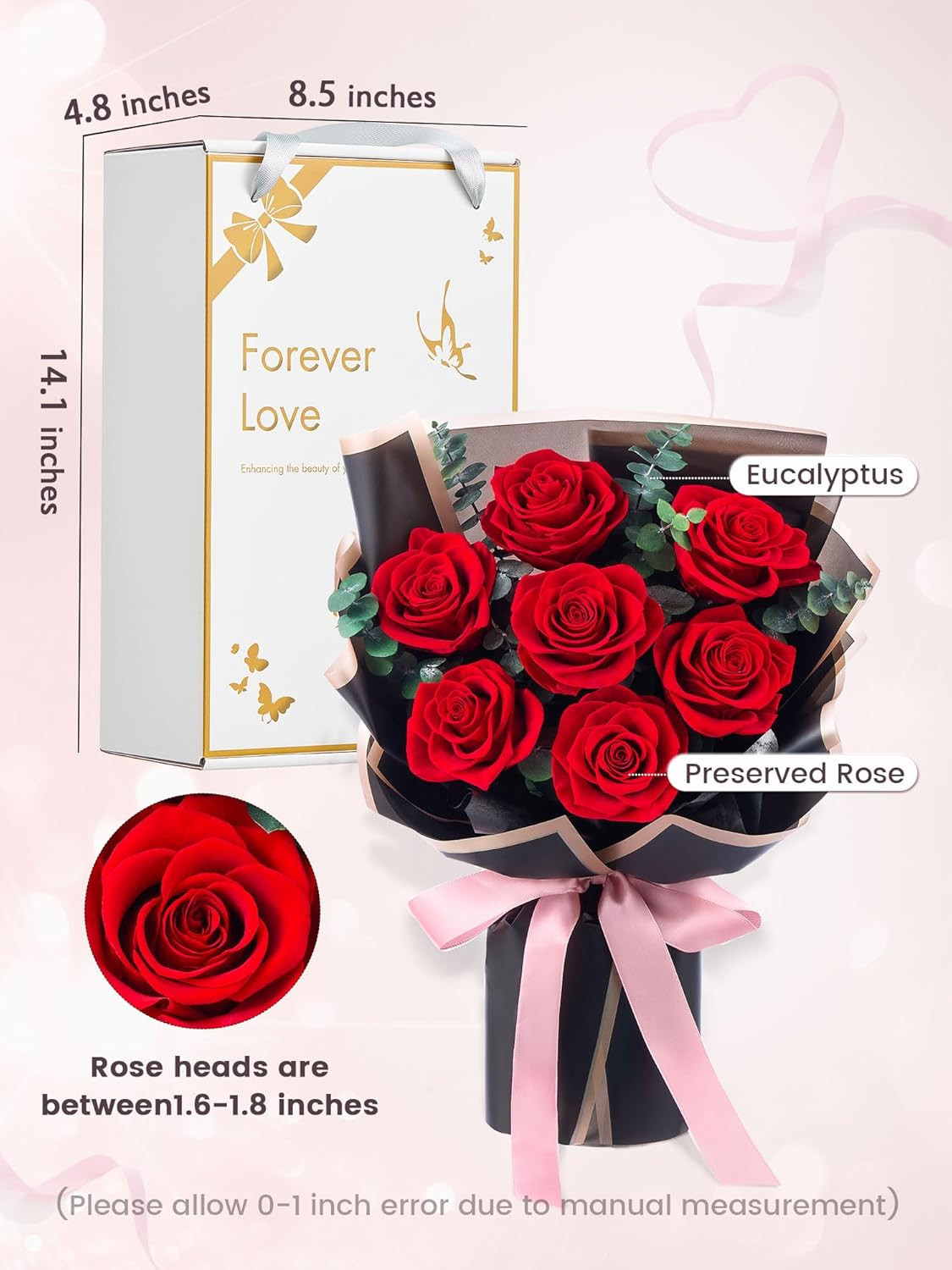 7 Piece Preserved Red Roses Bouquet Gift for Women Mother Wife