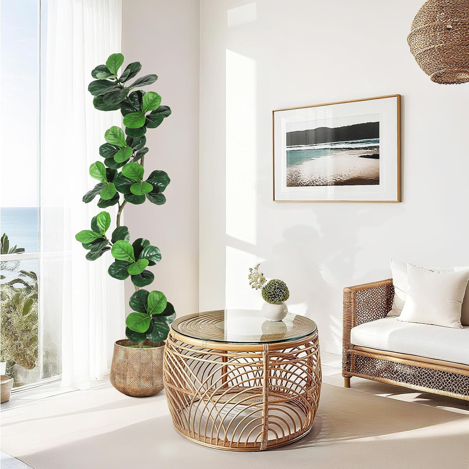 Fiddle Leaf Fig Artificial Tree with White Planter,7Ft Faux Plants Indoor with M