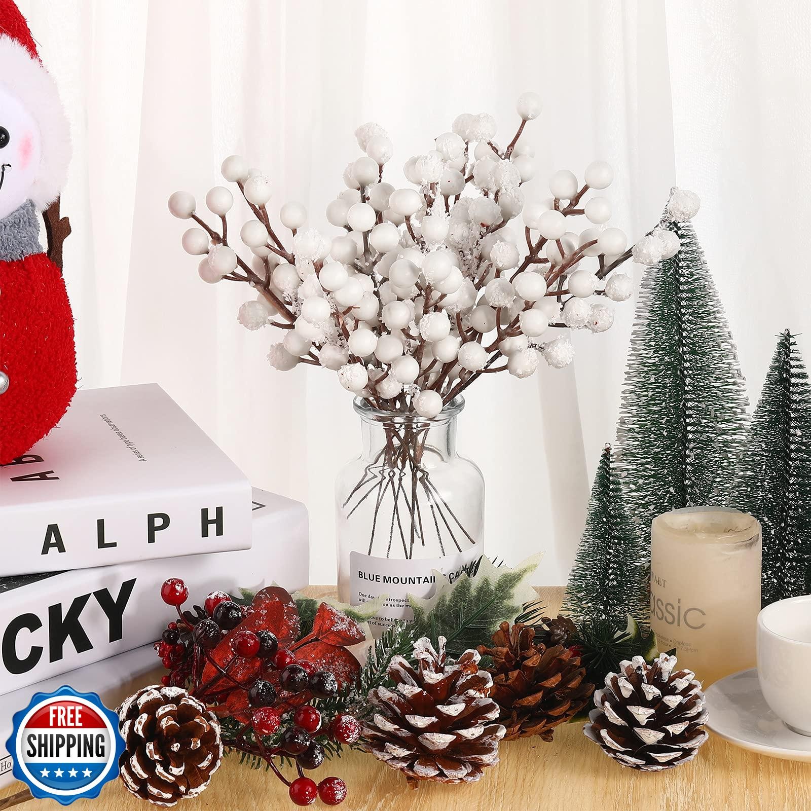 Geosar 30 Pieces Artificial Christmas Berry Picks with Snowflake Glitter Arti
