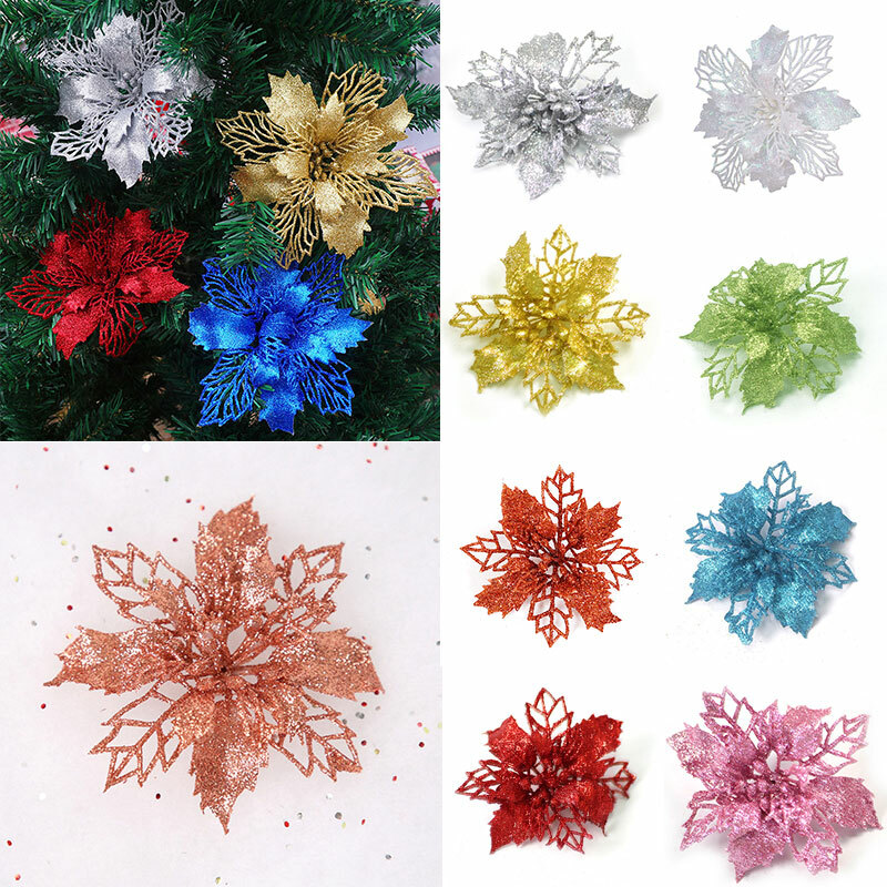 10/5pcs Glitter Christmas Poinsettia Hanging Flowers Xmas Party Tree Decorations