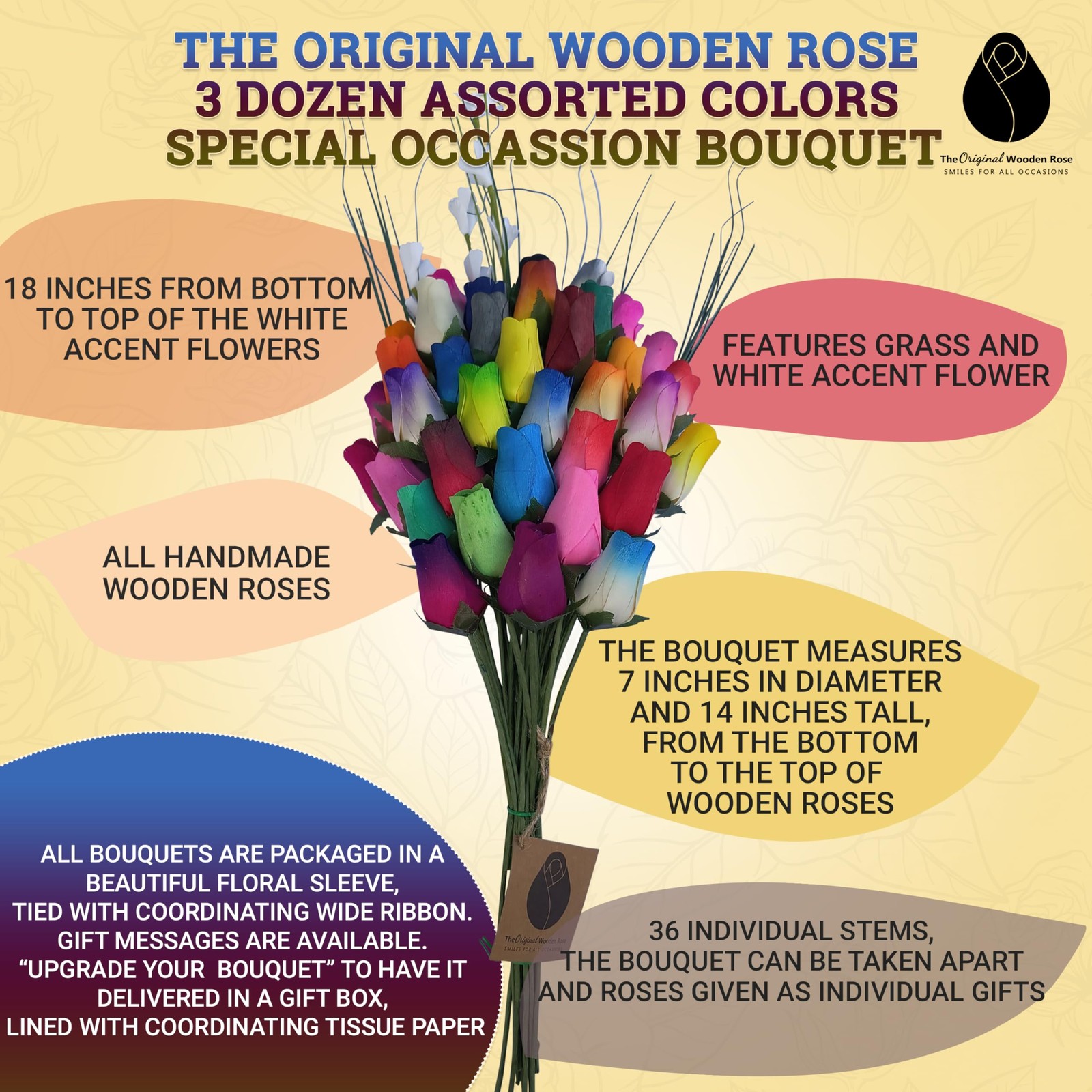 36 Pcs Assorted Colors Wooden Rose Closed Bud Bouquets Flower Gift Decor