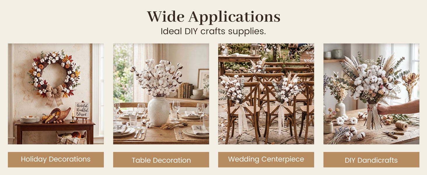 Cotton Stems 8 Packs with 15 Bolls, Natural Dried Flowers Cotton Sprigs for Vase