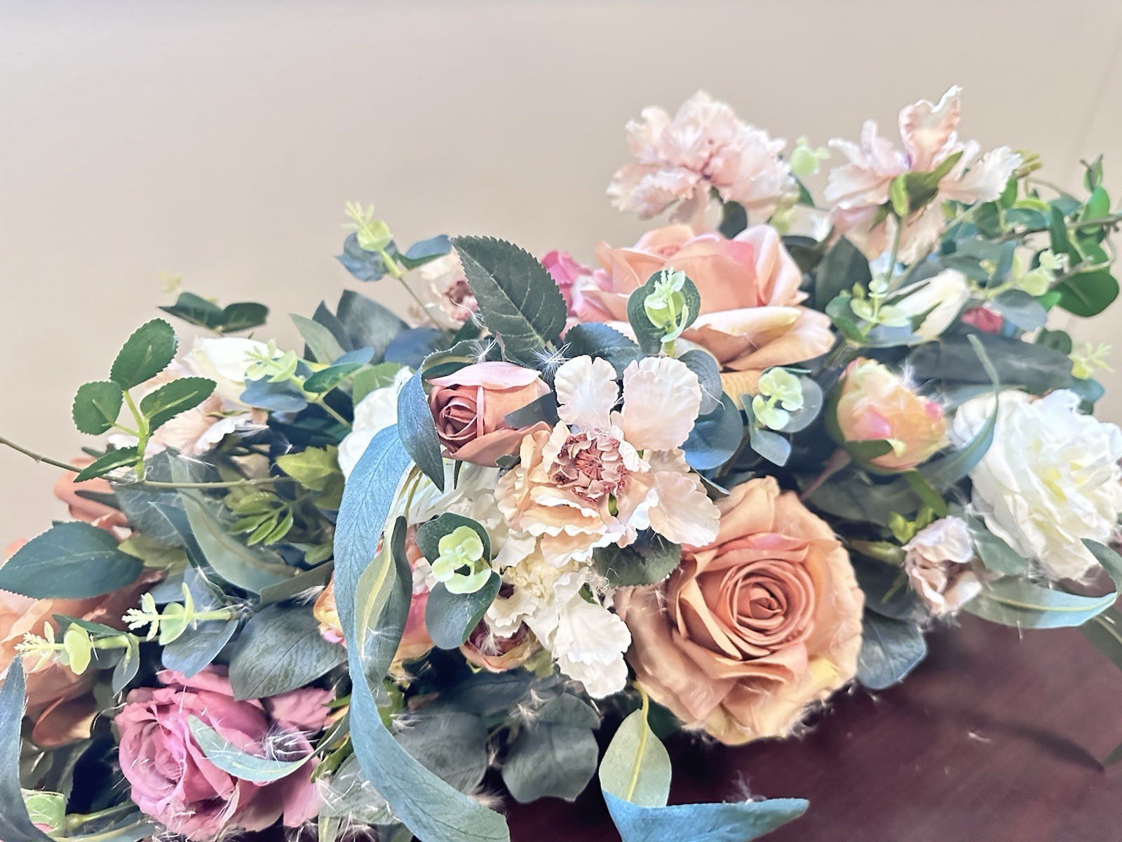Romantic French Garden Faux Floral Centerpiece Peach Roses White Peonies