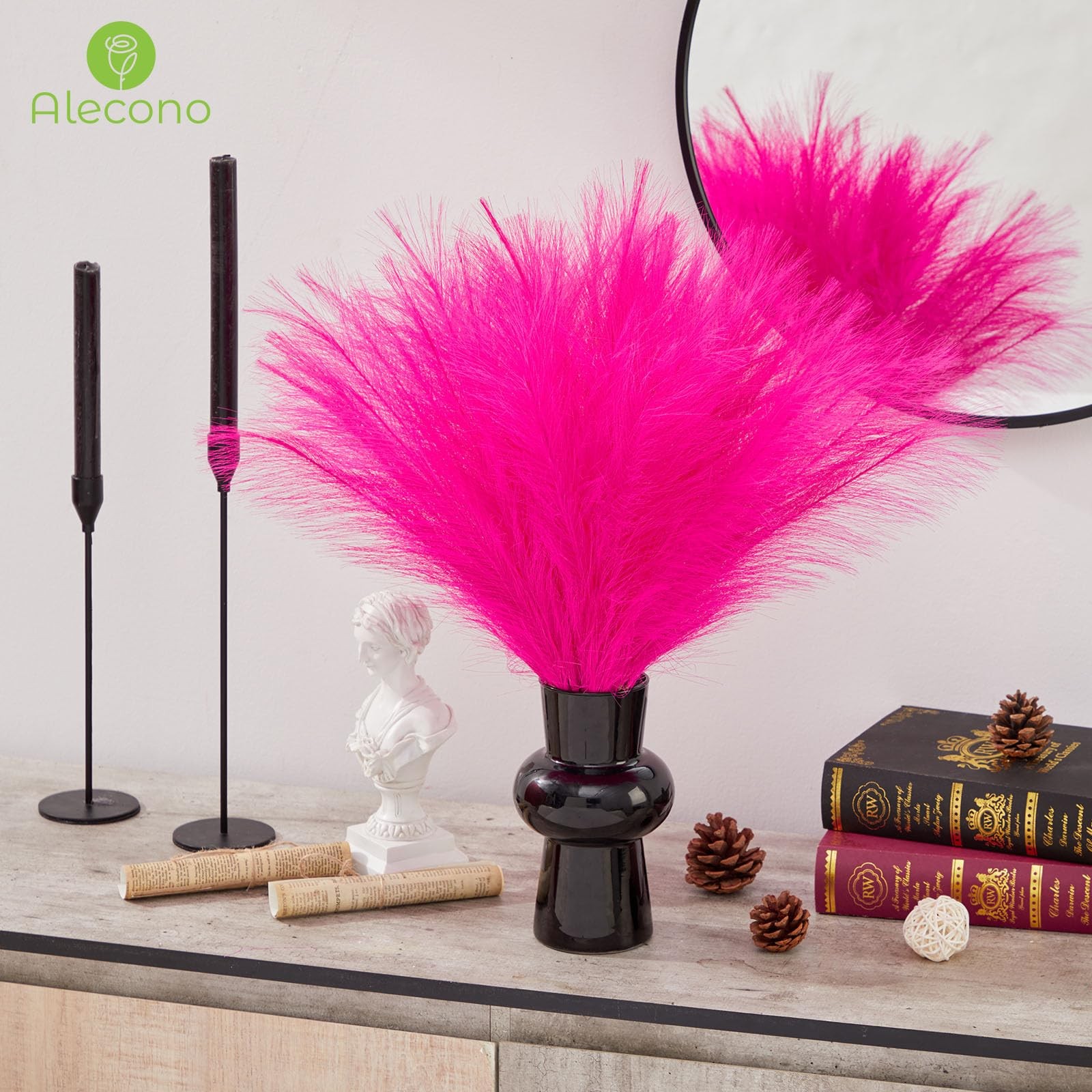 Hot Pink Pampas Grass 17in 𝟯𝟬𝙋𝙘𝙨, Artificial Faux Fluffy Pampas Grass De…