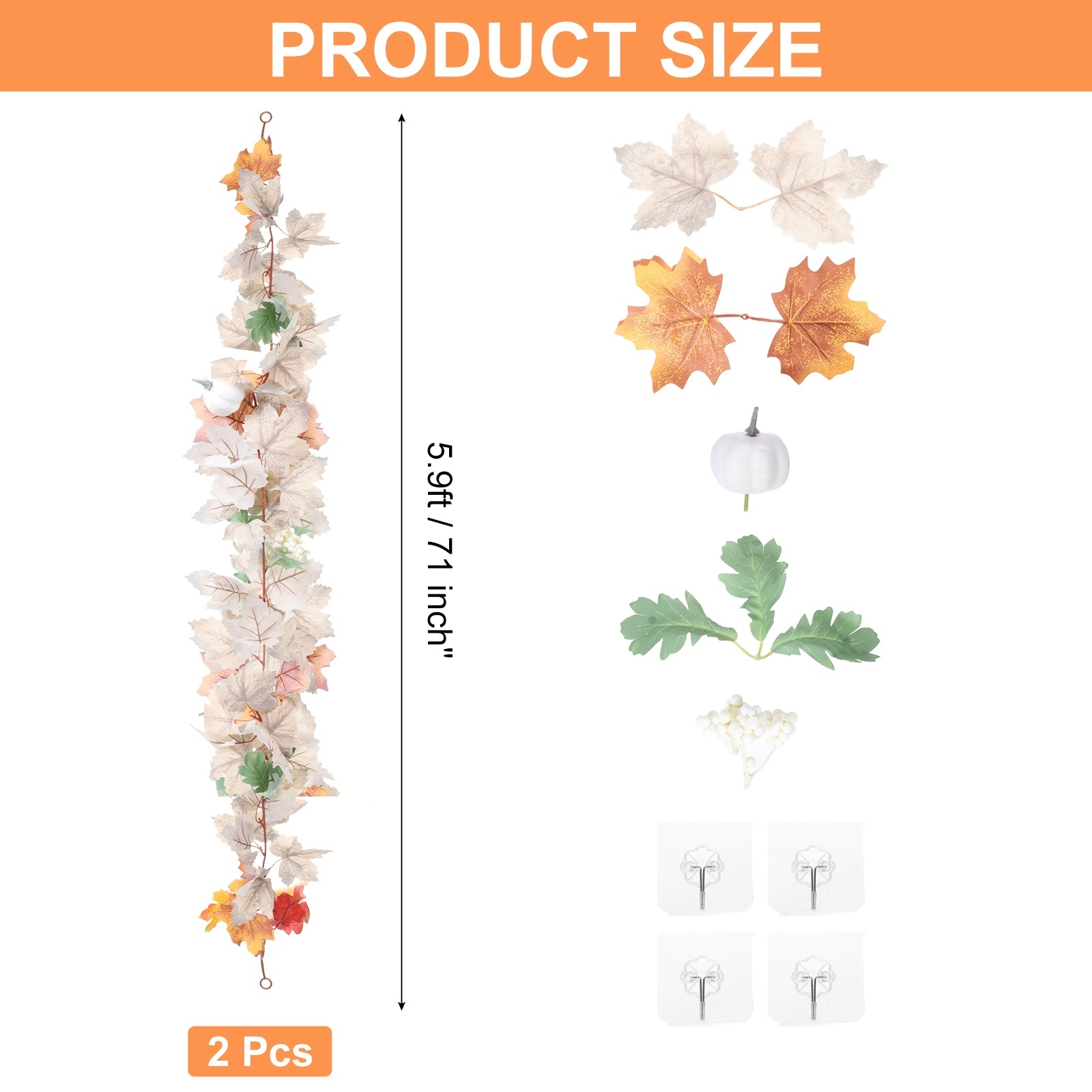 2Pcs Fall Maple Leaf Garland 5.9Ft Artificial Decor Green/Brown/Beige/White