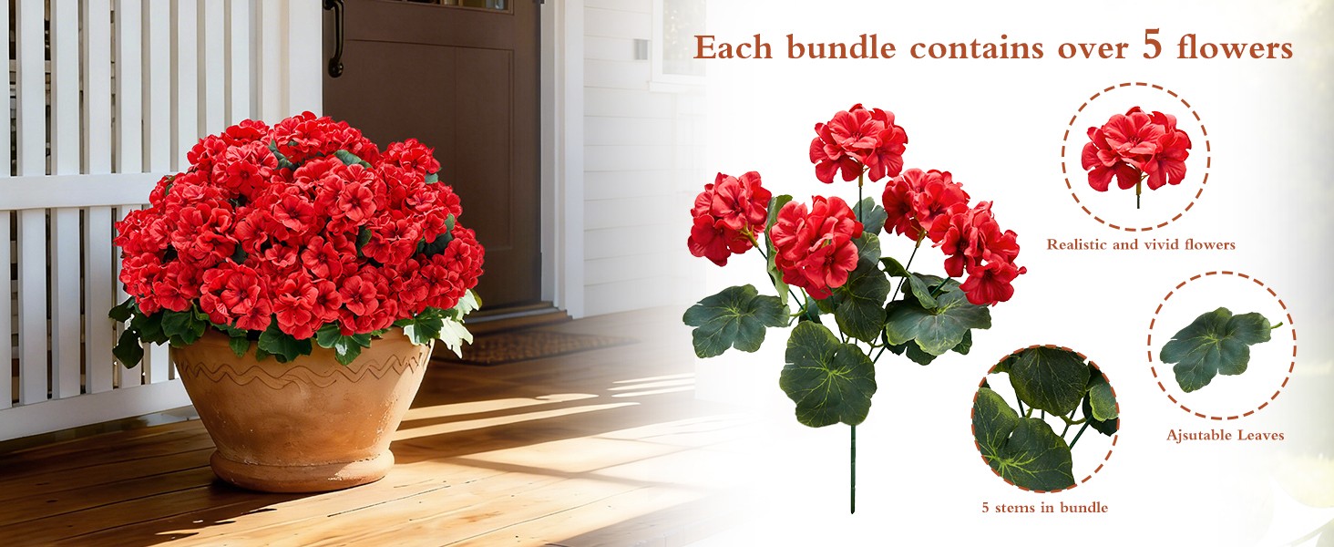 Artificial Geranium Flowers for Outdoors: 6 PCS Realistic UV Resistant Faux Red