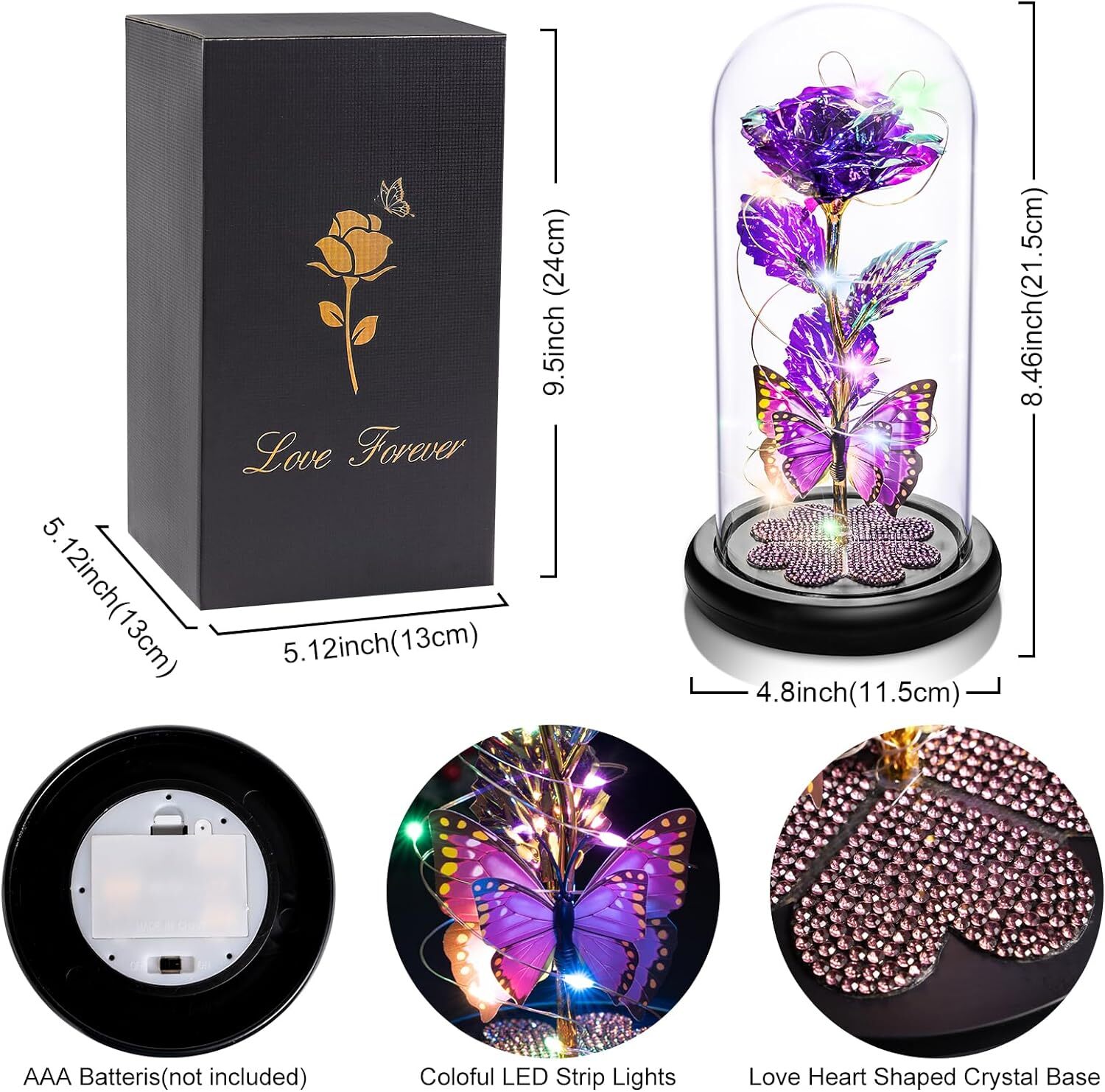 Purple Glass Rose With Butterfly And Heart Crystals Led Light Mother’s Day Gift
