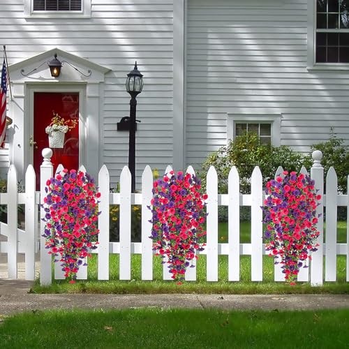 Artificial Hanging Flowers for Outdoor, 2pcs Fake Plants Hot Pink Dark Purple