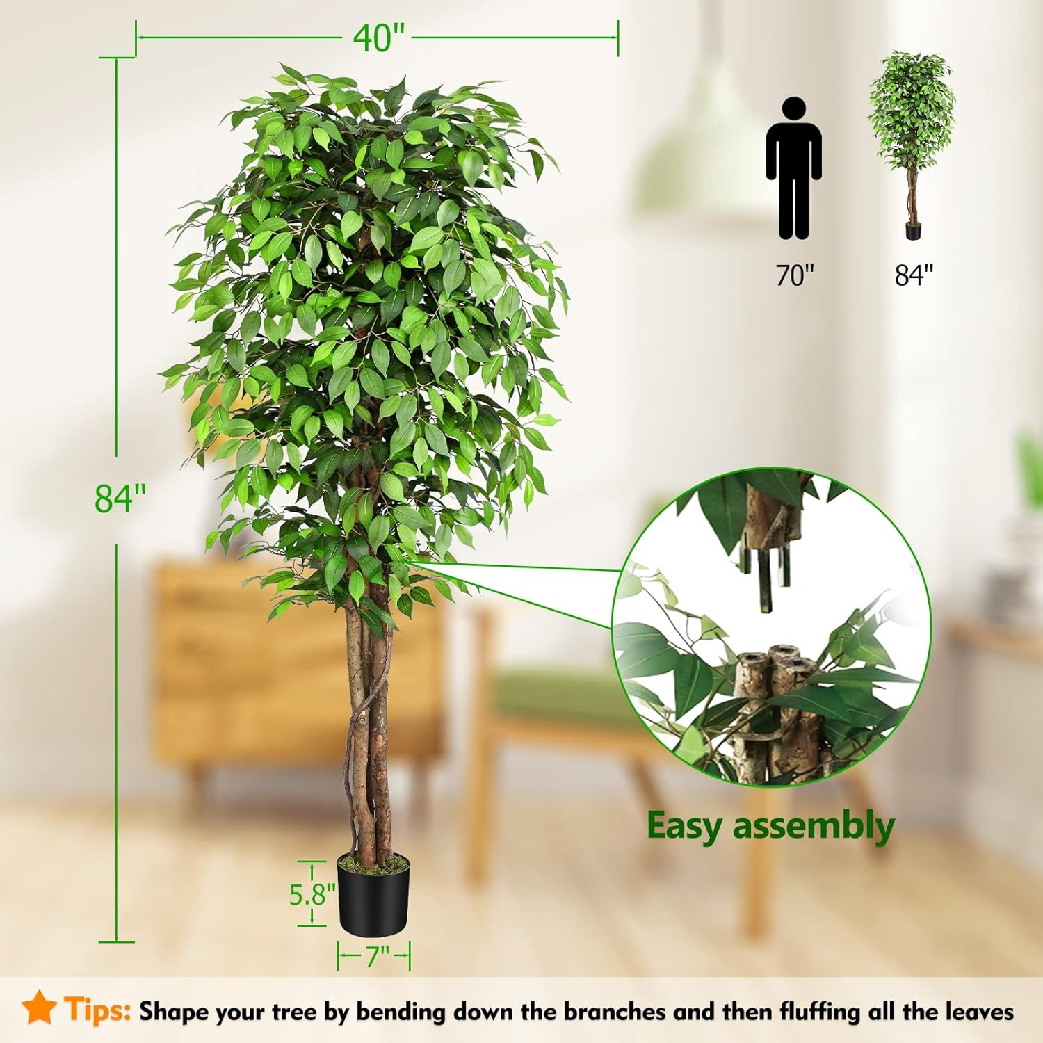 7Ft Lifelike Ficus Artificial Tree with Natural Trunk for Home Decor