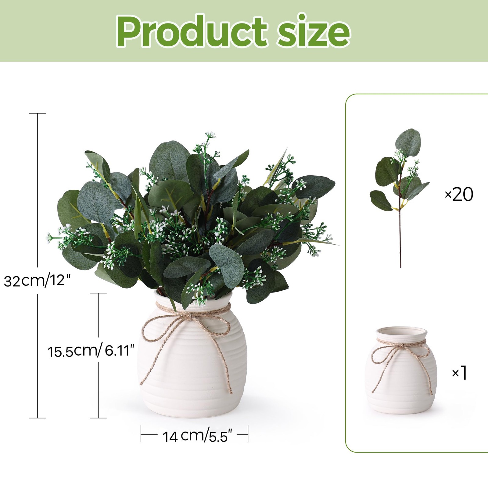 Artificial Eucalyptus in Vase, Fake plants for home decor, Ceramic White Vase…