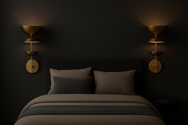 1950s Minimalist Brass Wall Sconce Set of 2 – Mid Century Modern Gold Light, Sty