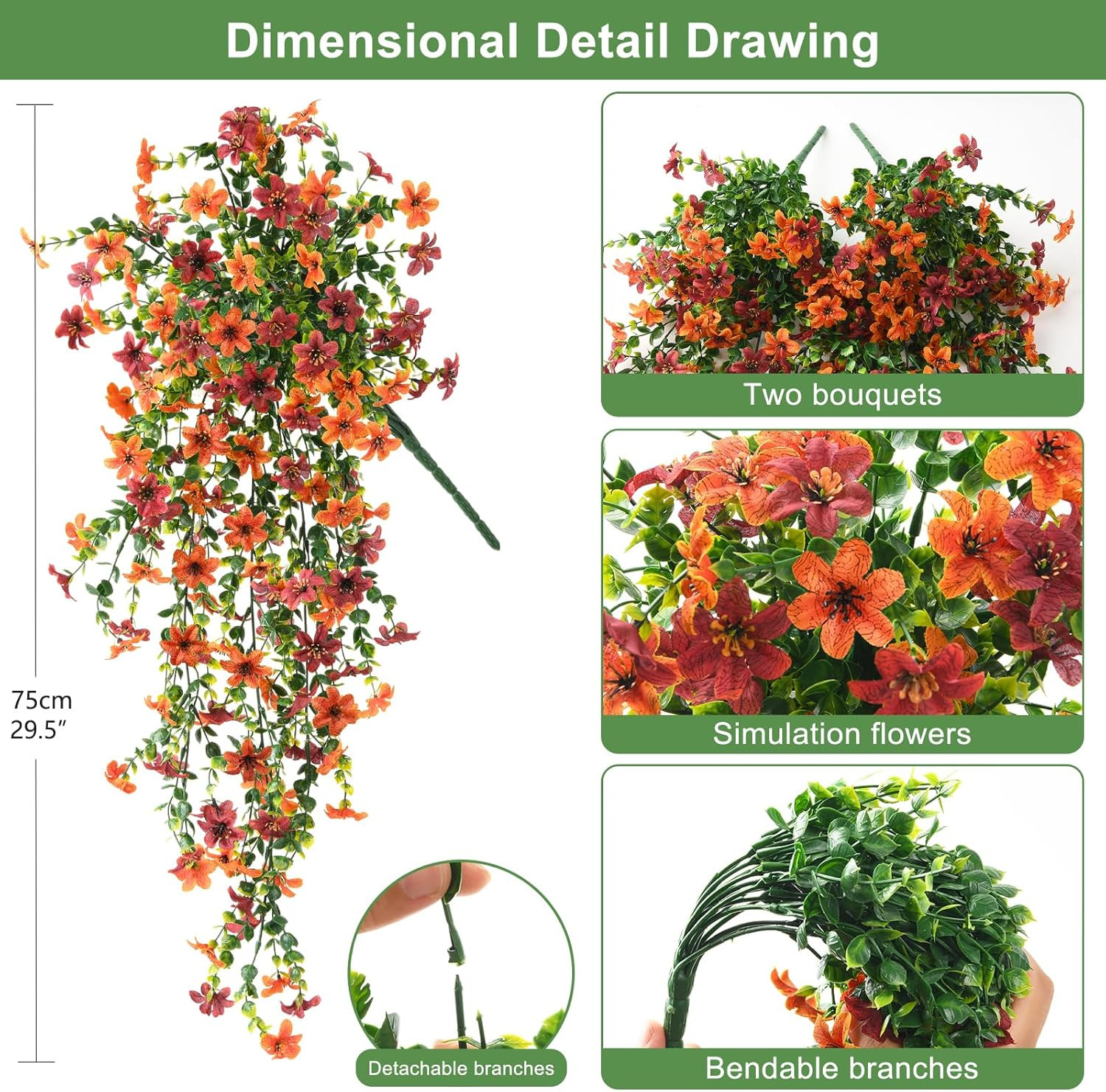 Artificial Fall Fake Flowers for Outdoor Fall Decoration,2 Pcs Faux Hanging Flow