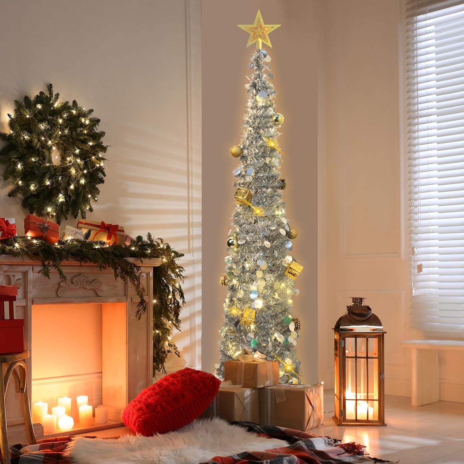 5FT Silver Pop Up Pencil Christmas Tree Lights Artificial Prelit Slim Decor