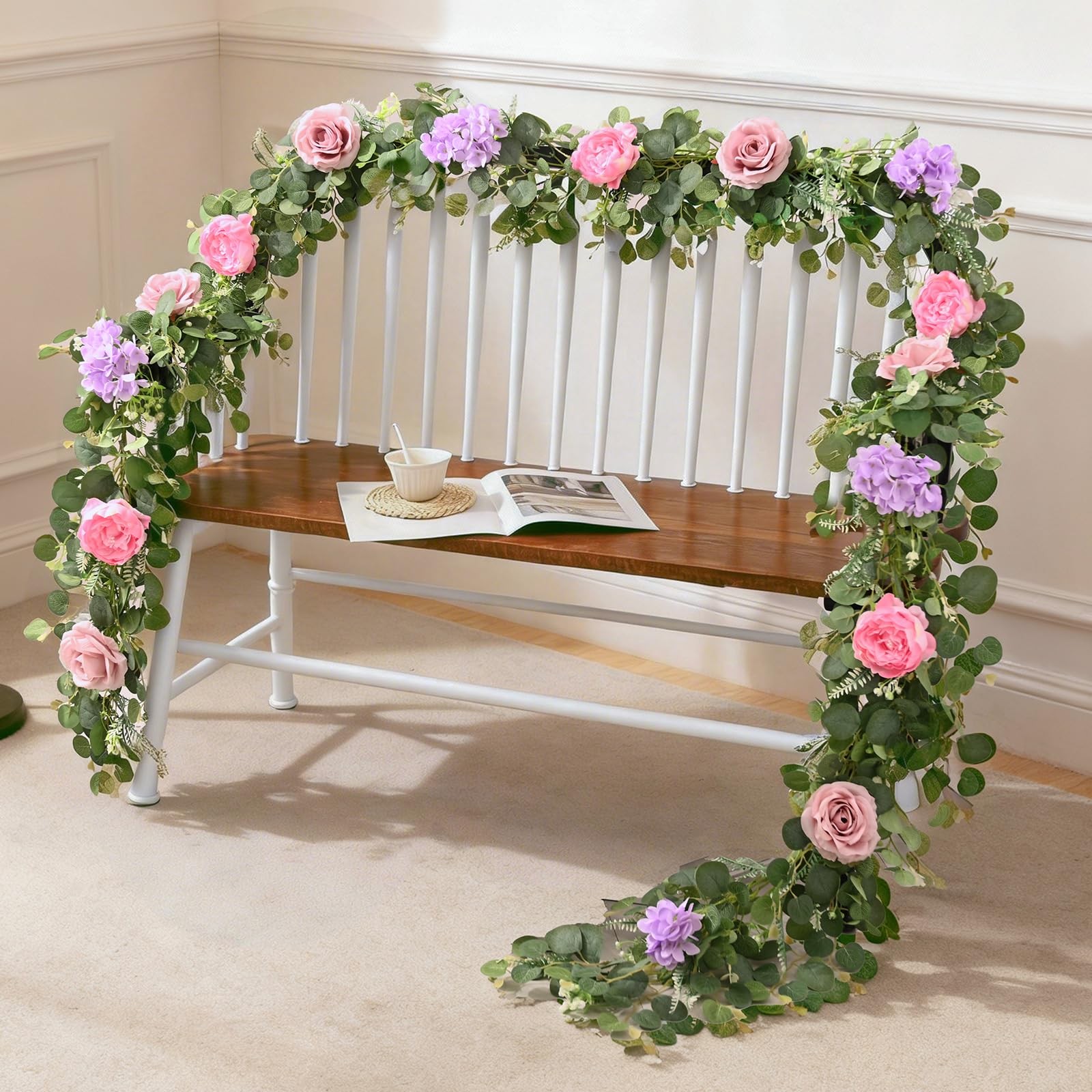 Livole 6 FT Artificial Flower Garland Real Touch Fake Pink Floral Rose Peony …