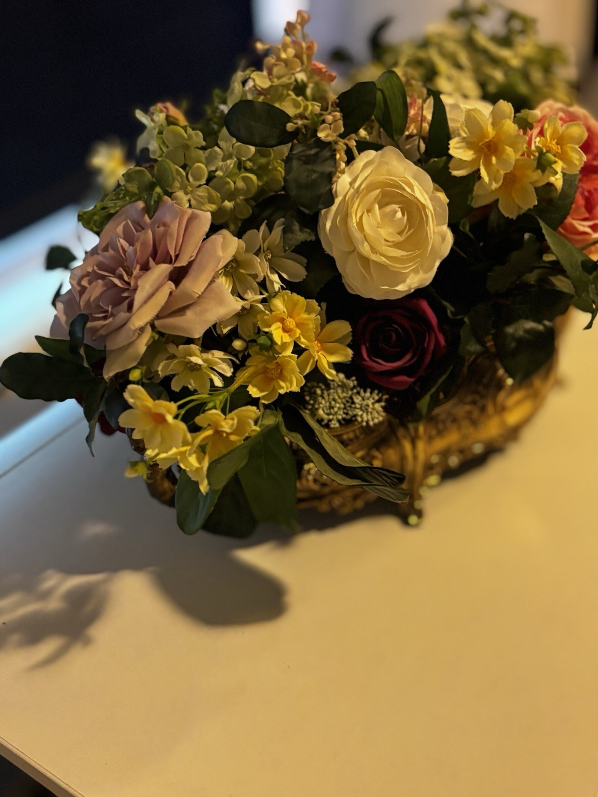 Large Elegant PINKS Flower Arrangement In Antique Brass Victorian Centerpiece