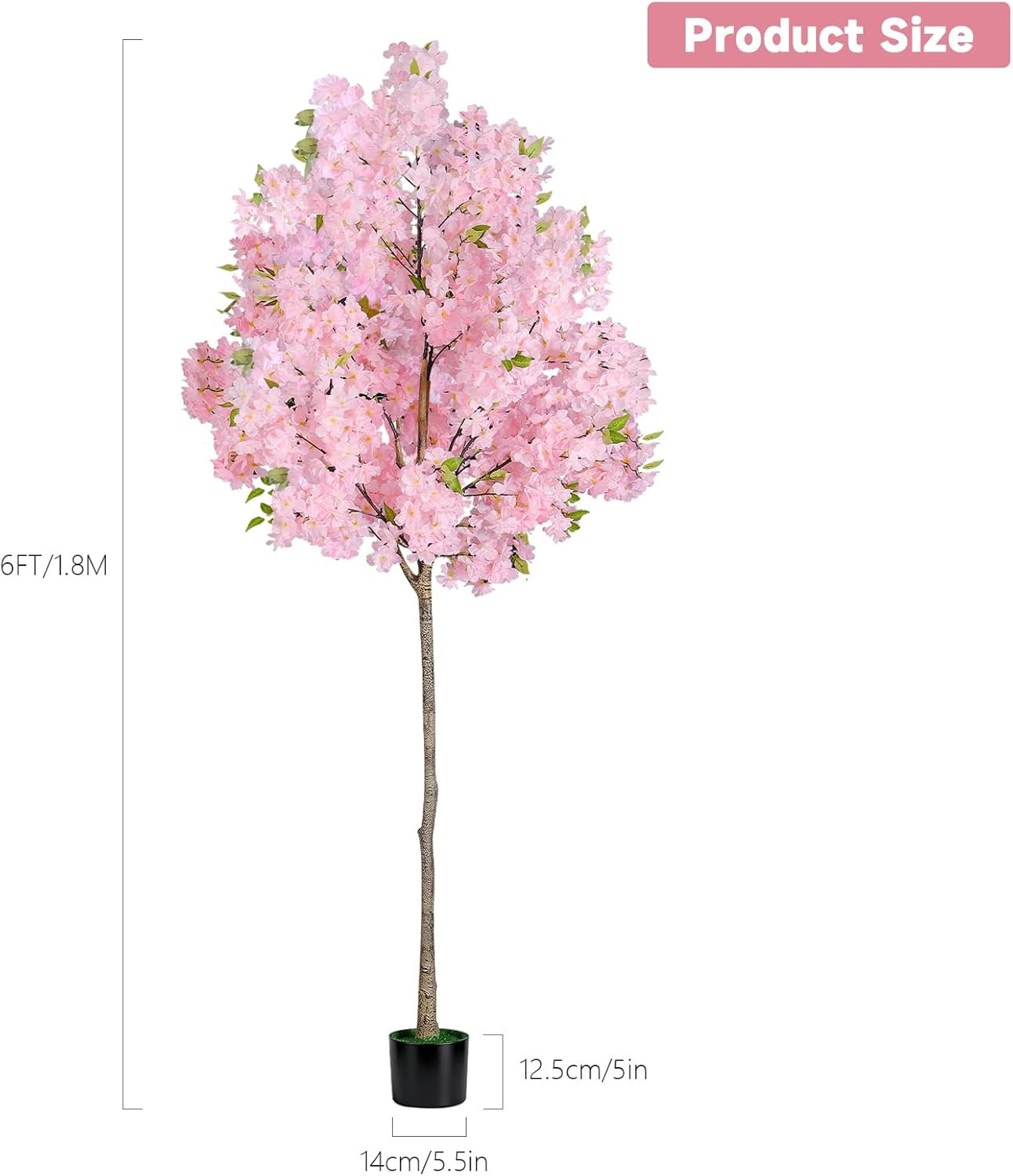 6FT Pink Artificial Cherry Blossom Tree, Realistic Potted Faux Cherry Tree, Silk