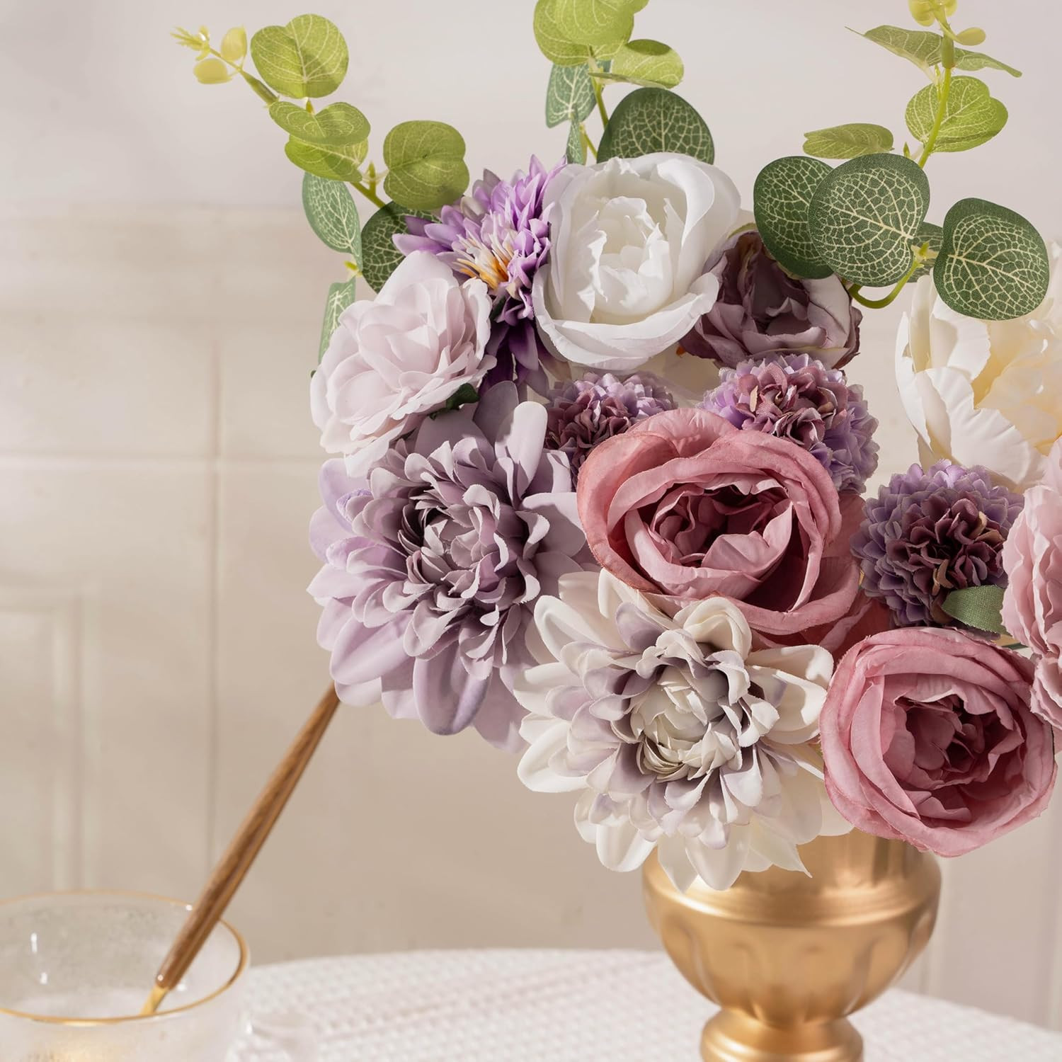 30 Pcs Artificial Flowers Combo Purple Flowers Mix Silk Flowers Dahlia Roses wit