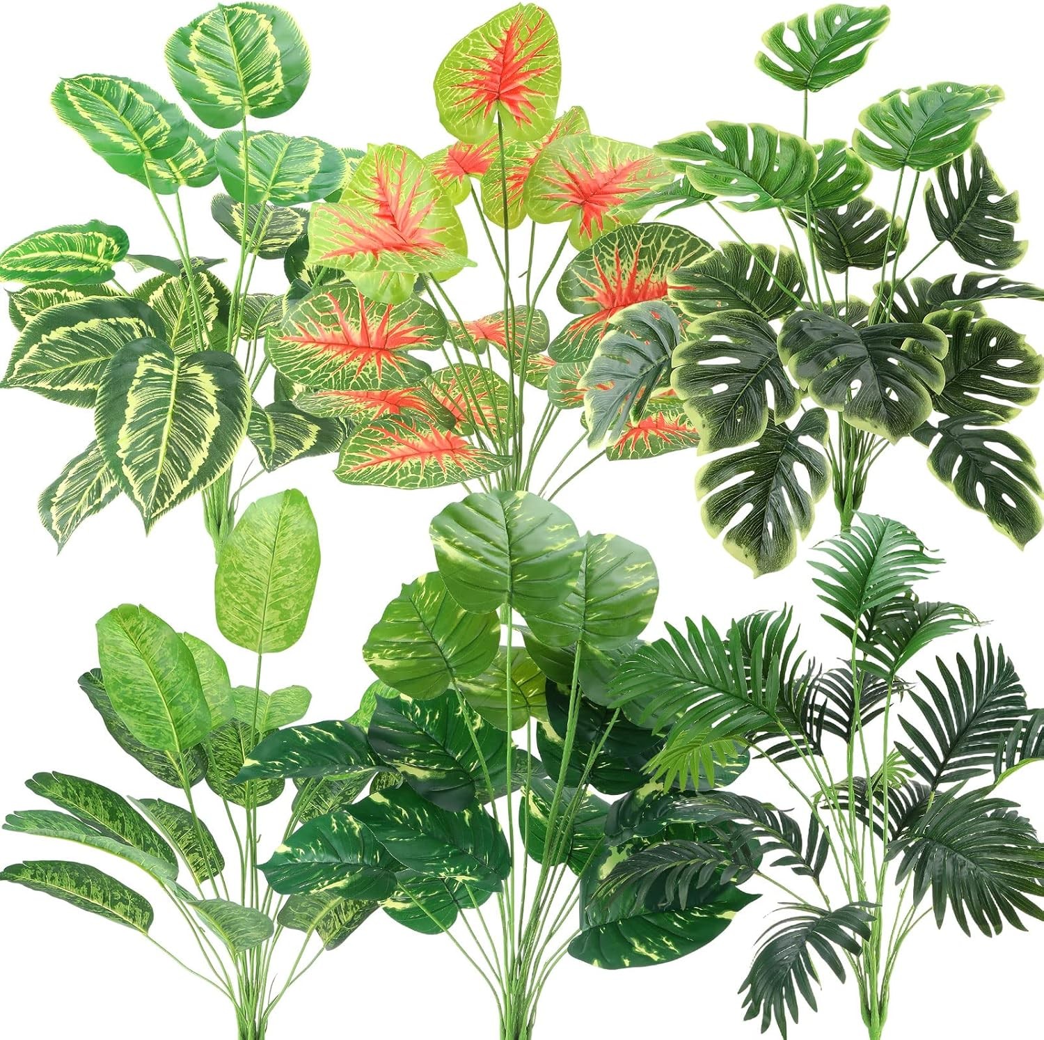 Yunlly 6 Pcs Artificial Tropical Plants 32 Inches Fake Palm Green, Red Green