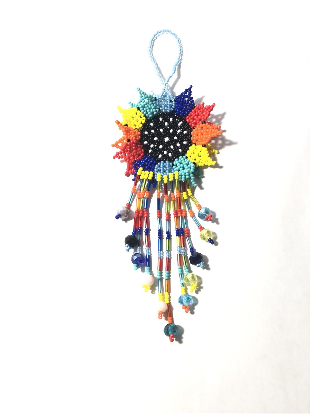 Hand Made Beaded Colorful Mexican Sunflower 5” Seed Bead Dangle Charm Ornament.