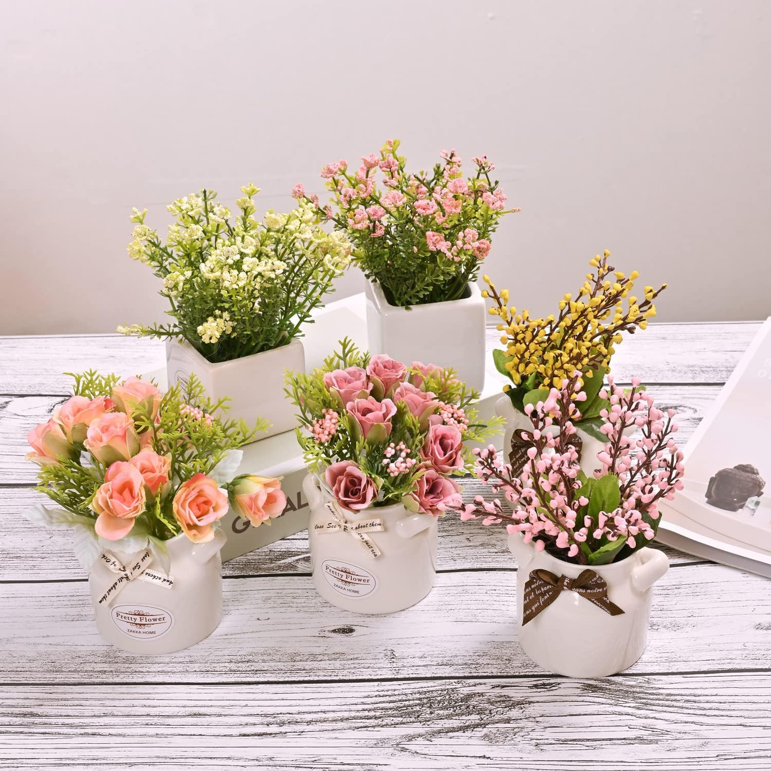 6Pcs Artificial Flowers with Ceramic Pot Small Faux Spring Flowers in Vase