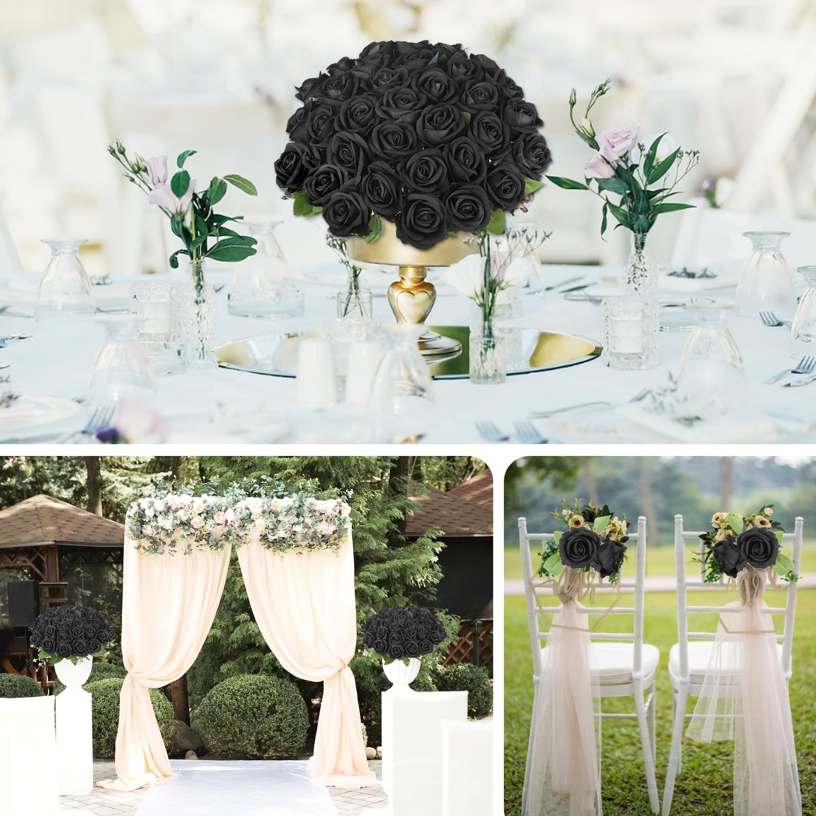 Black Artificial Flowers Fake Roses Bulk – 36 Pcs Velvet Silk Flowers Rose Bo…