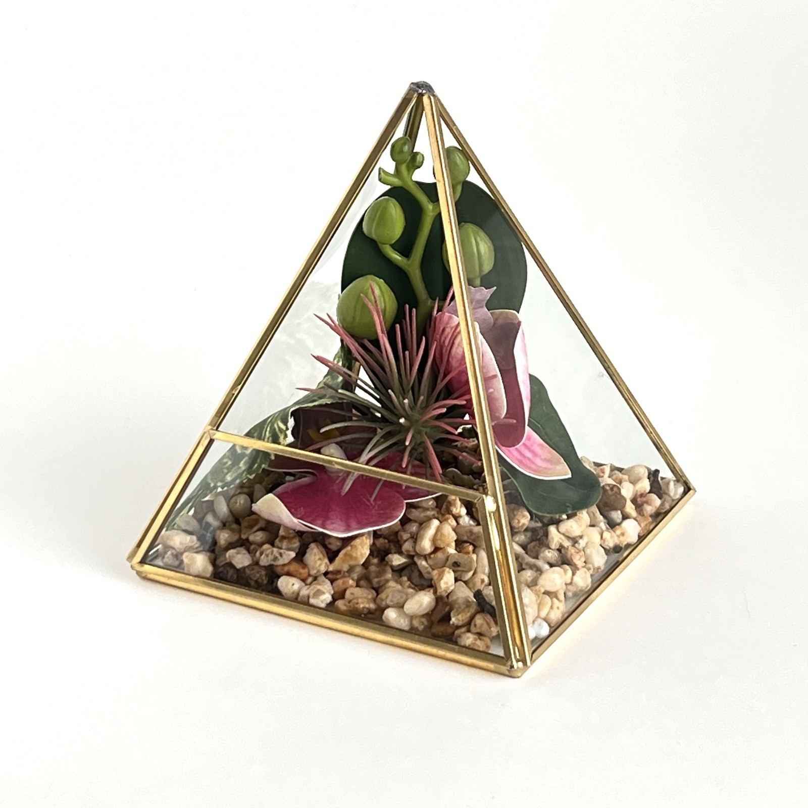 Geometric Pyramid Terrarium Tabletop Planter Artificial Succulents 6” Brass