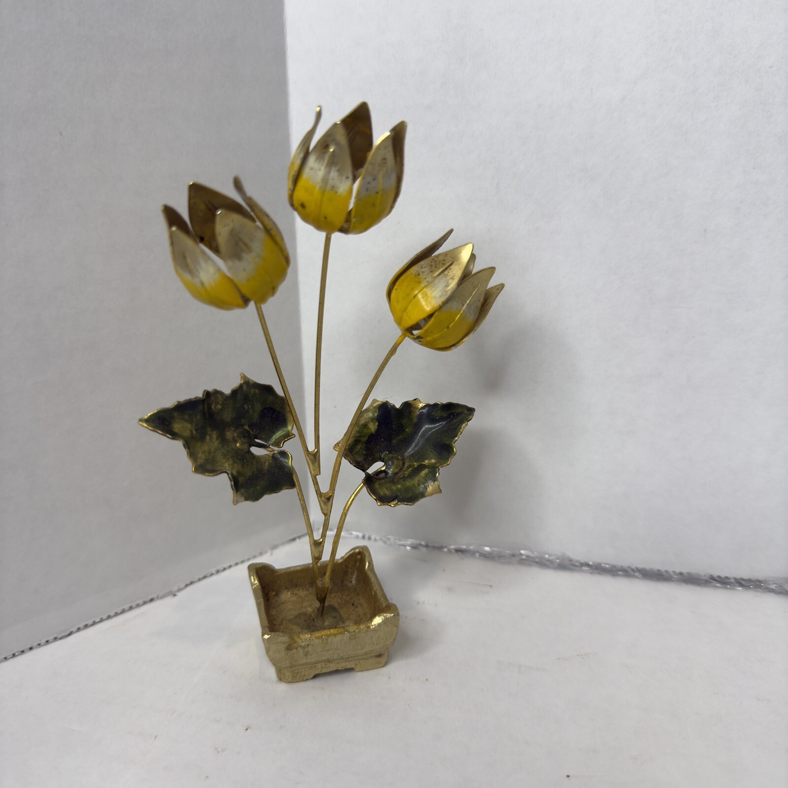 Vintage Chinese Brass and Enamel Flower Arrangement Tulips