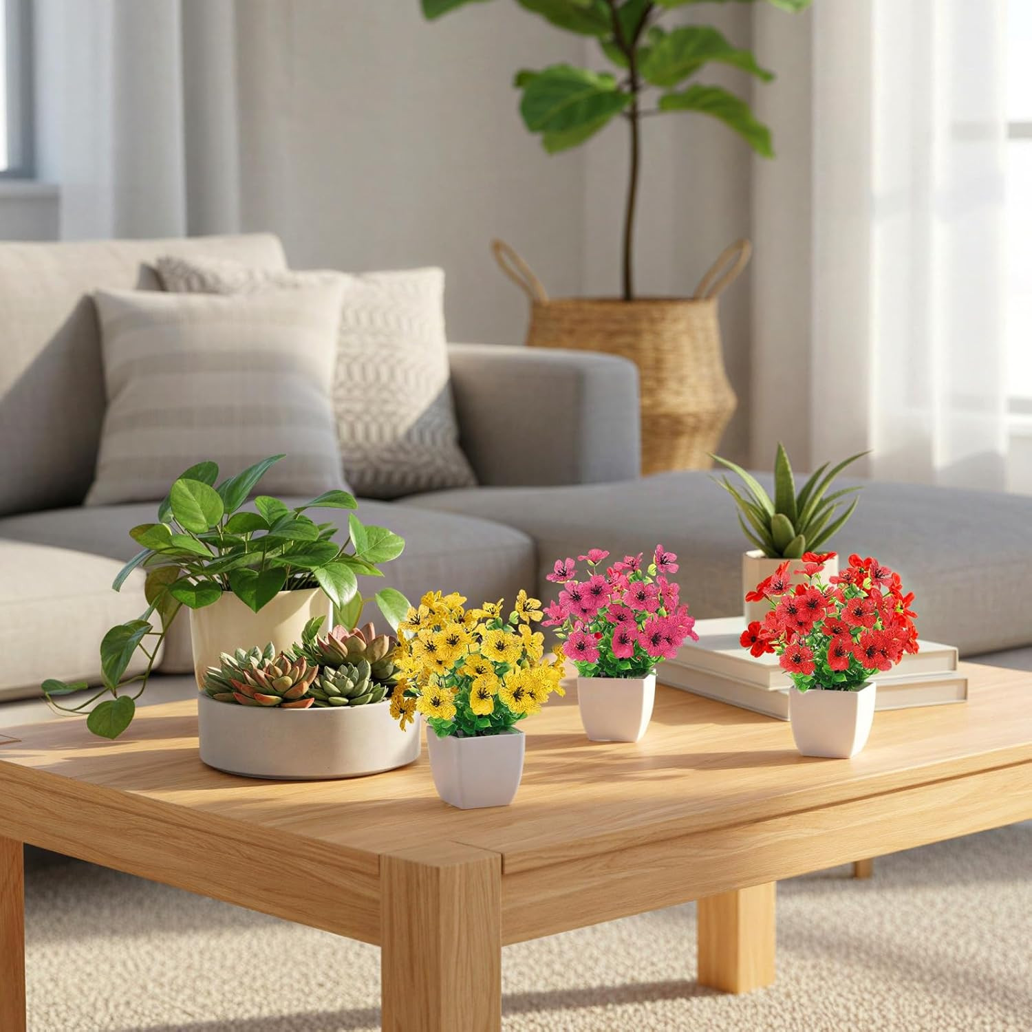Fake Plants 4 Packs Small Faux Potted Flower Daisy with Eucalyptus Leaves Dec…