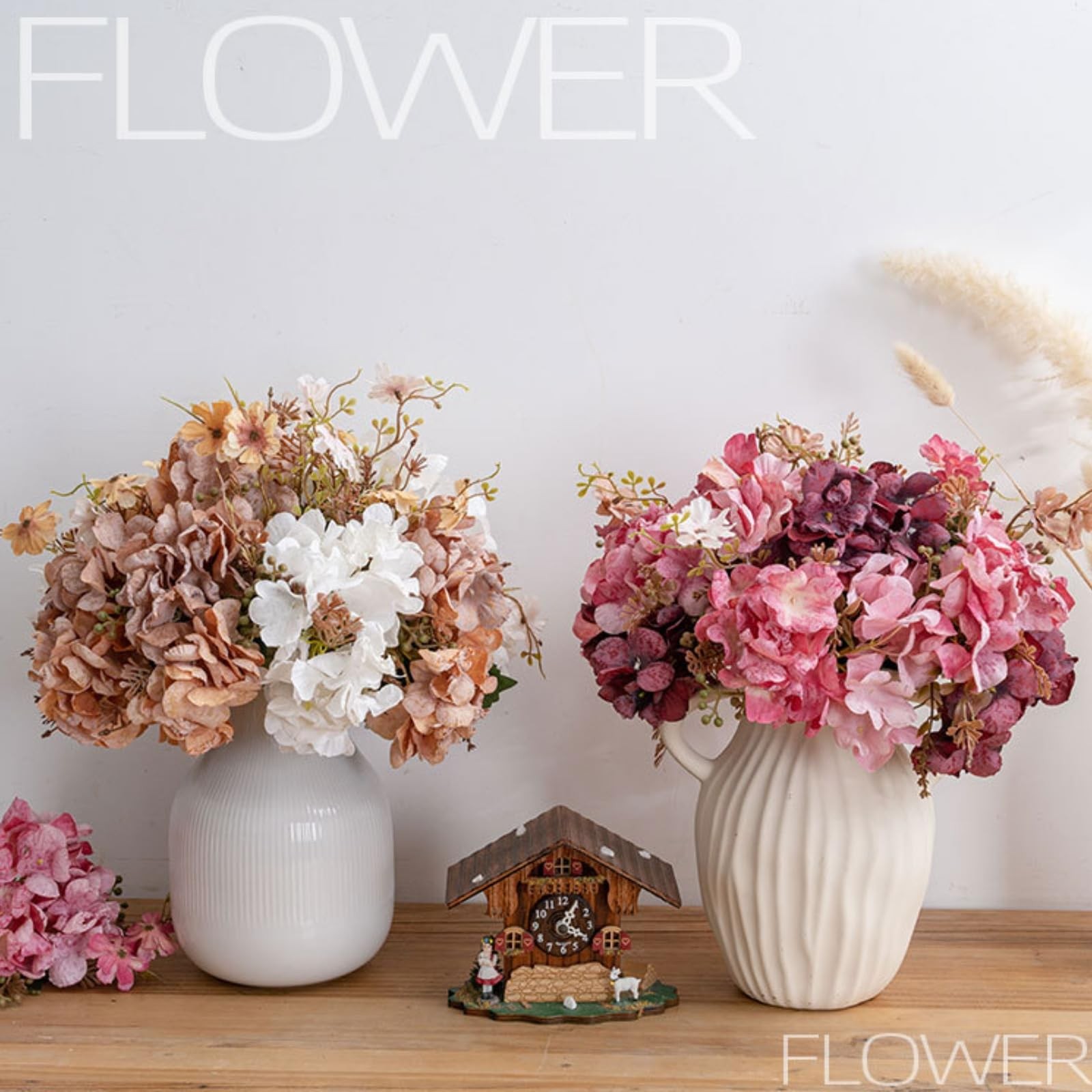 Set of 5-Stems Faux Hydrangea Silk Bouquet 13″ Tall with 10-inch Bloom Cluste…