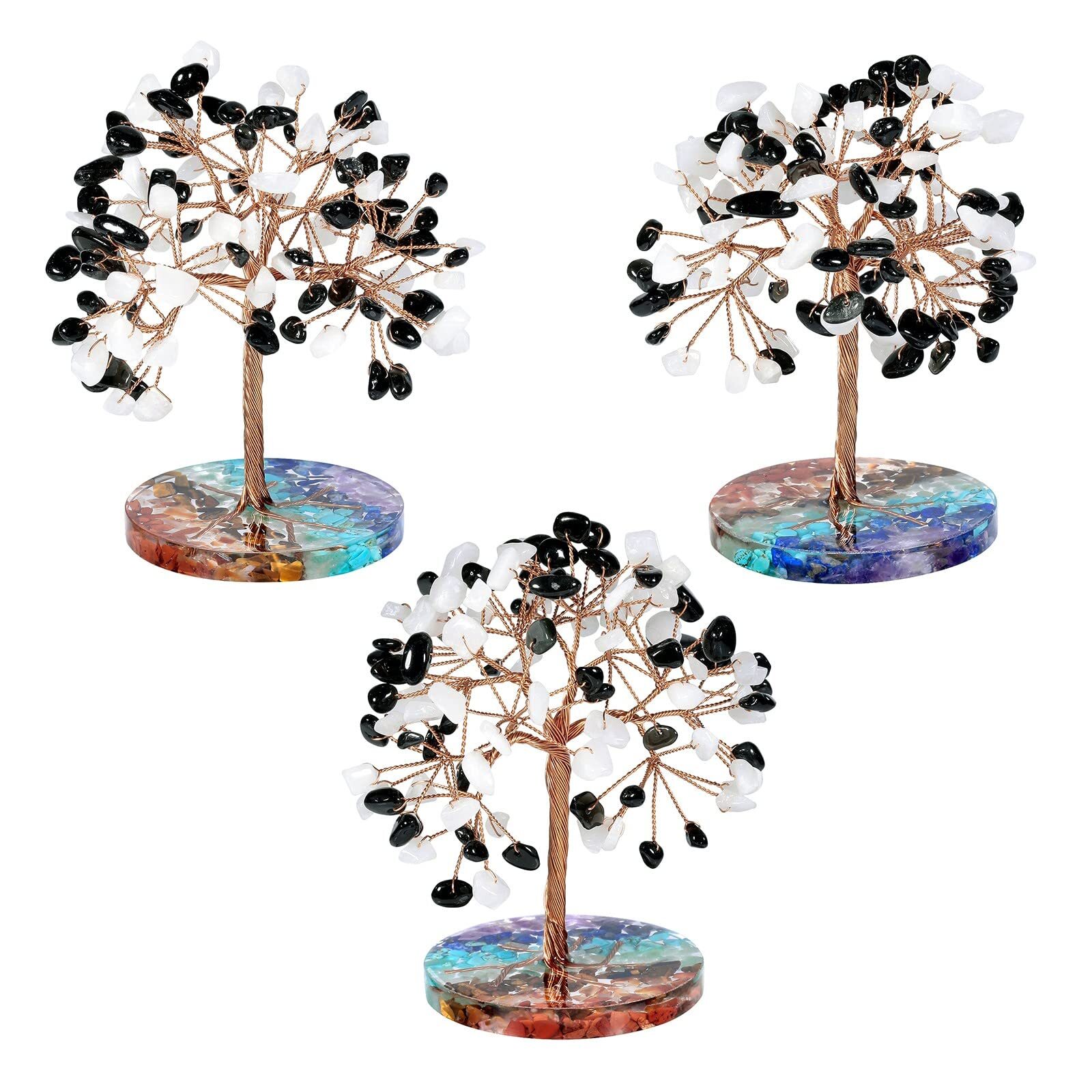 Natural White Jade & Black Obsidian Crystal Money Tree with 7 Chakra Stones R…
