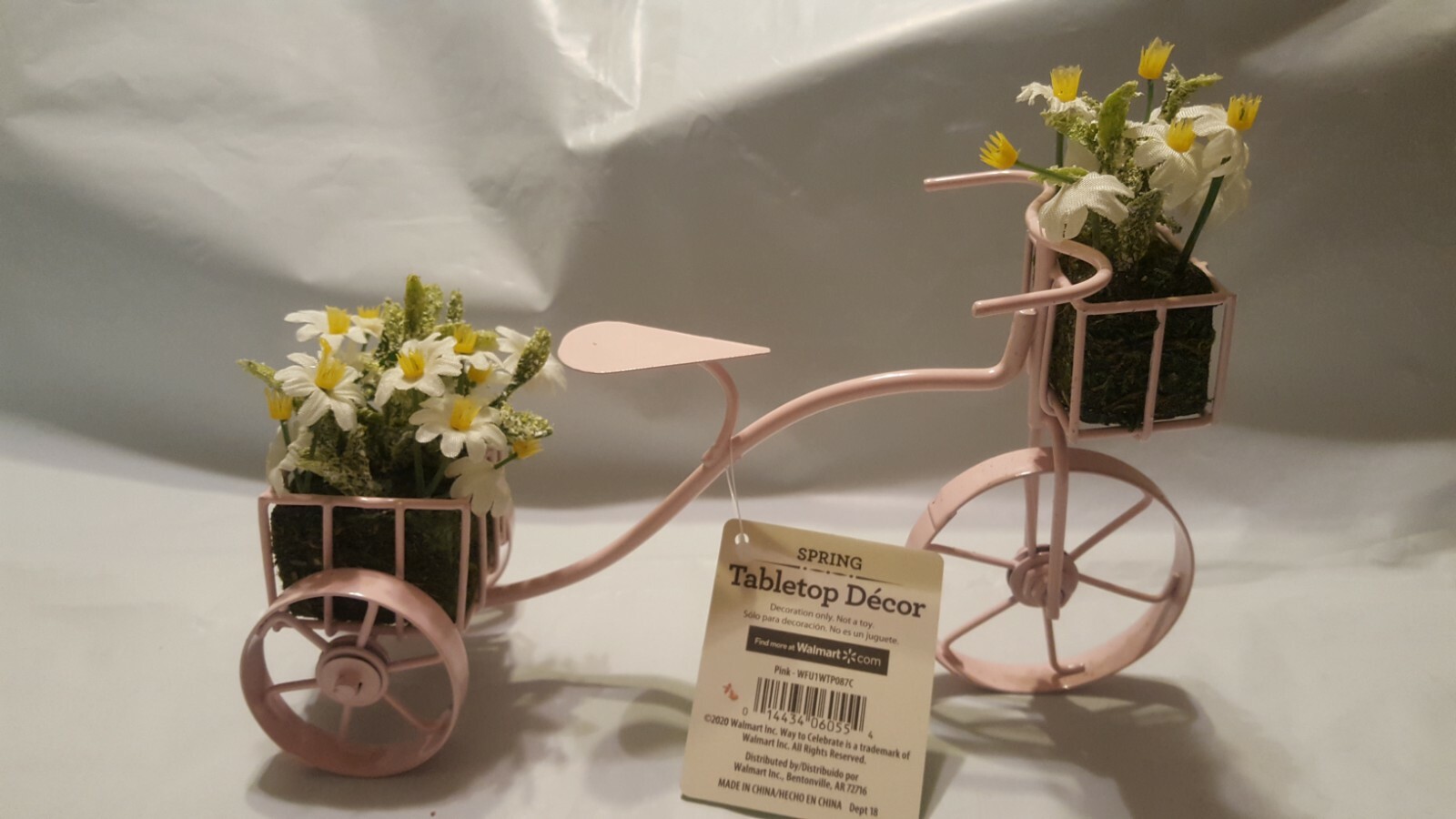 3 Celebrate Spring Bicycle Bike Tabletop Decor Pink Brown & White w/ Faux Flower