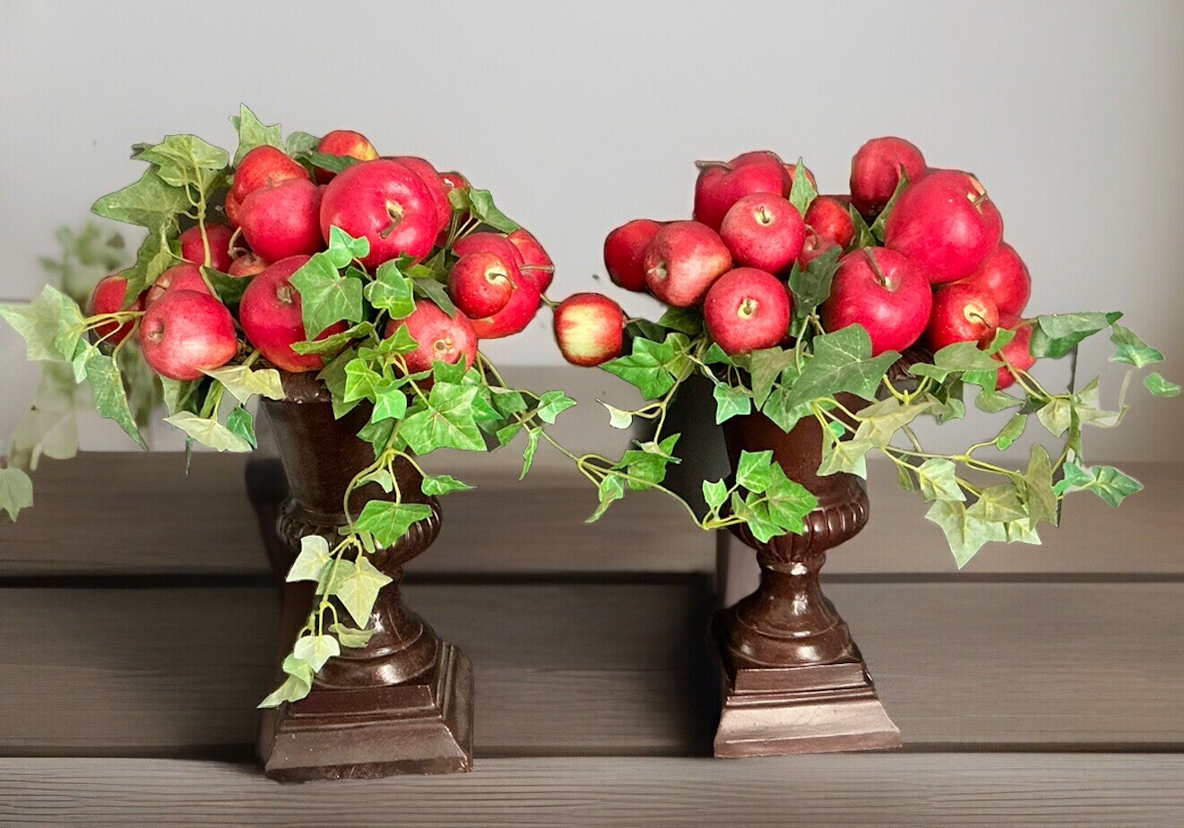 2 Vtg Artificial Red Apple Leaf Topiary Clay Planter Potted Heavy 16’’ Signed!