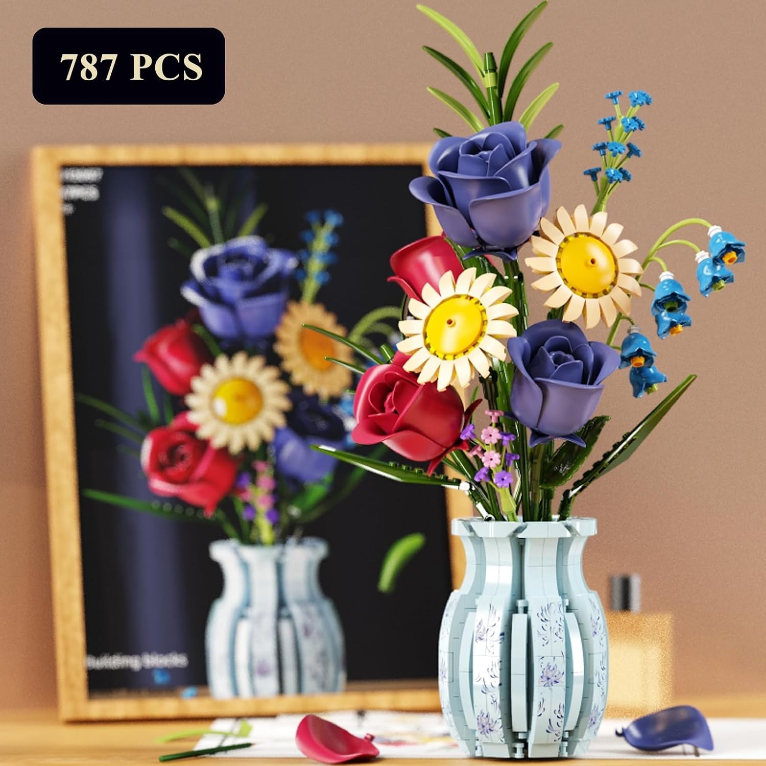 Roses Flower Bouquet Building Set,787 Pcs Artificial Flower Kit with Vase,Pla…