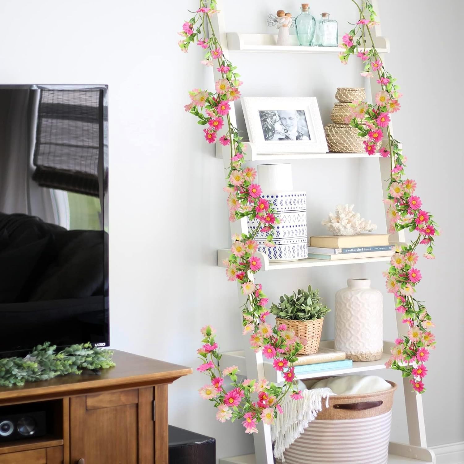 6.5ft Silk Flower Garland Pink Wildflower & Artificial Daisy Vine with 88 Blo…