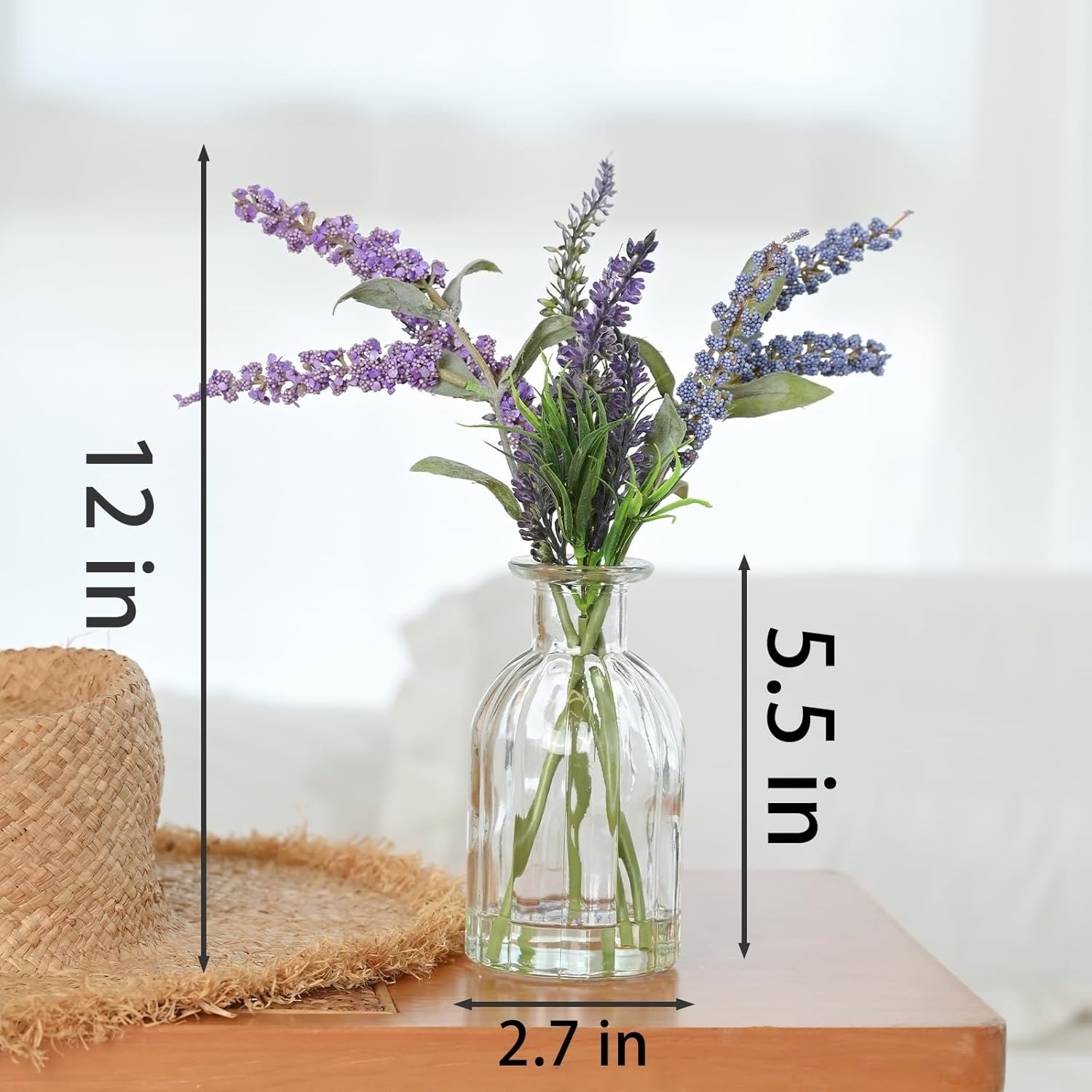 Artificial Lavender in Glass Vase Faux Water Blue Purple Silk Fake Flower Plant