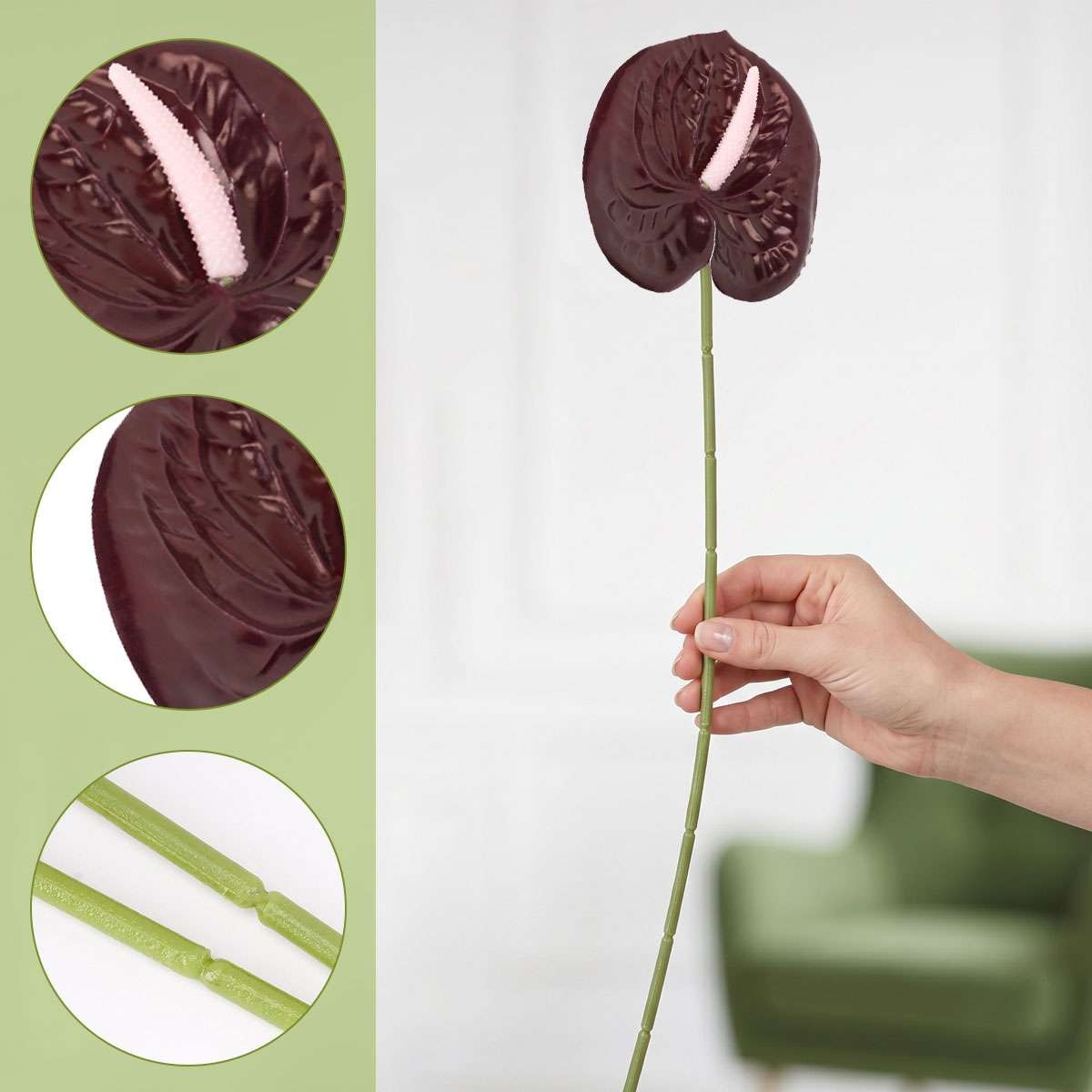 Artificial Anthurium Flowers Fake Flamingo Lily Single Stem Bouquet Table Decor