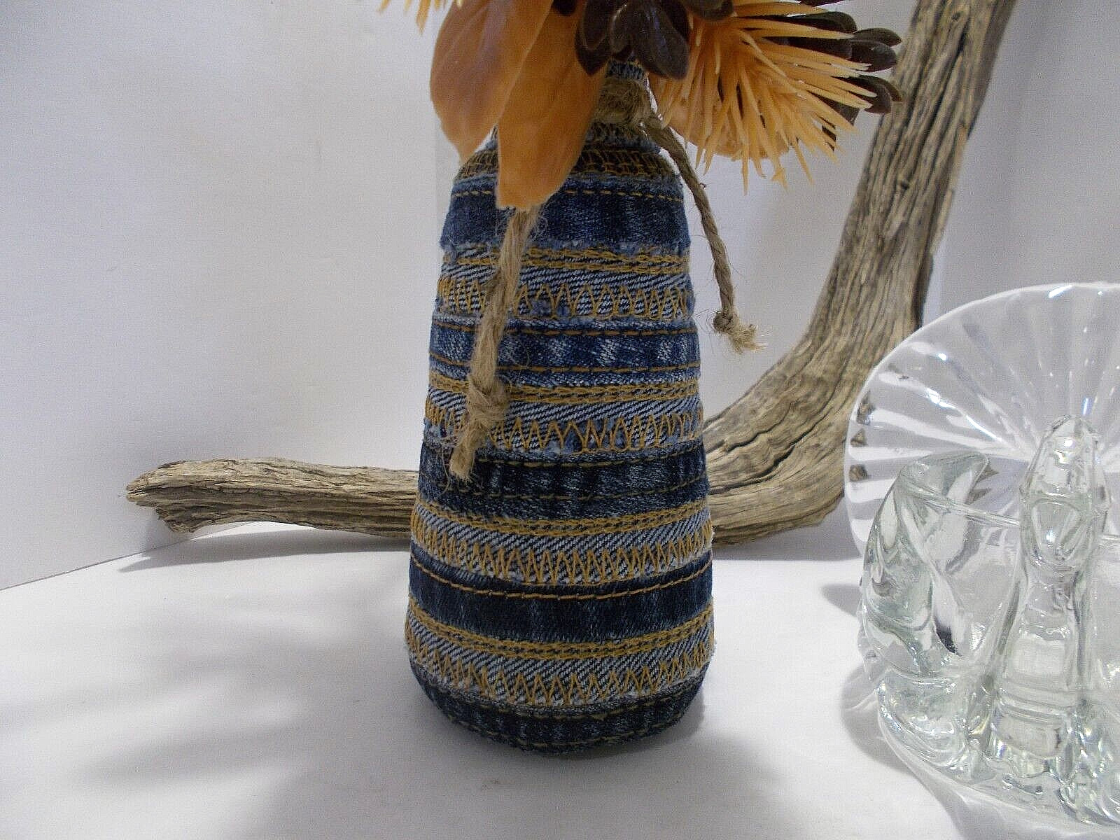 Recycled Denim Jeans Seams Vase w Denim Rose & Vtg. Glass Turkey Candle Holder