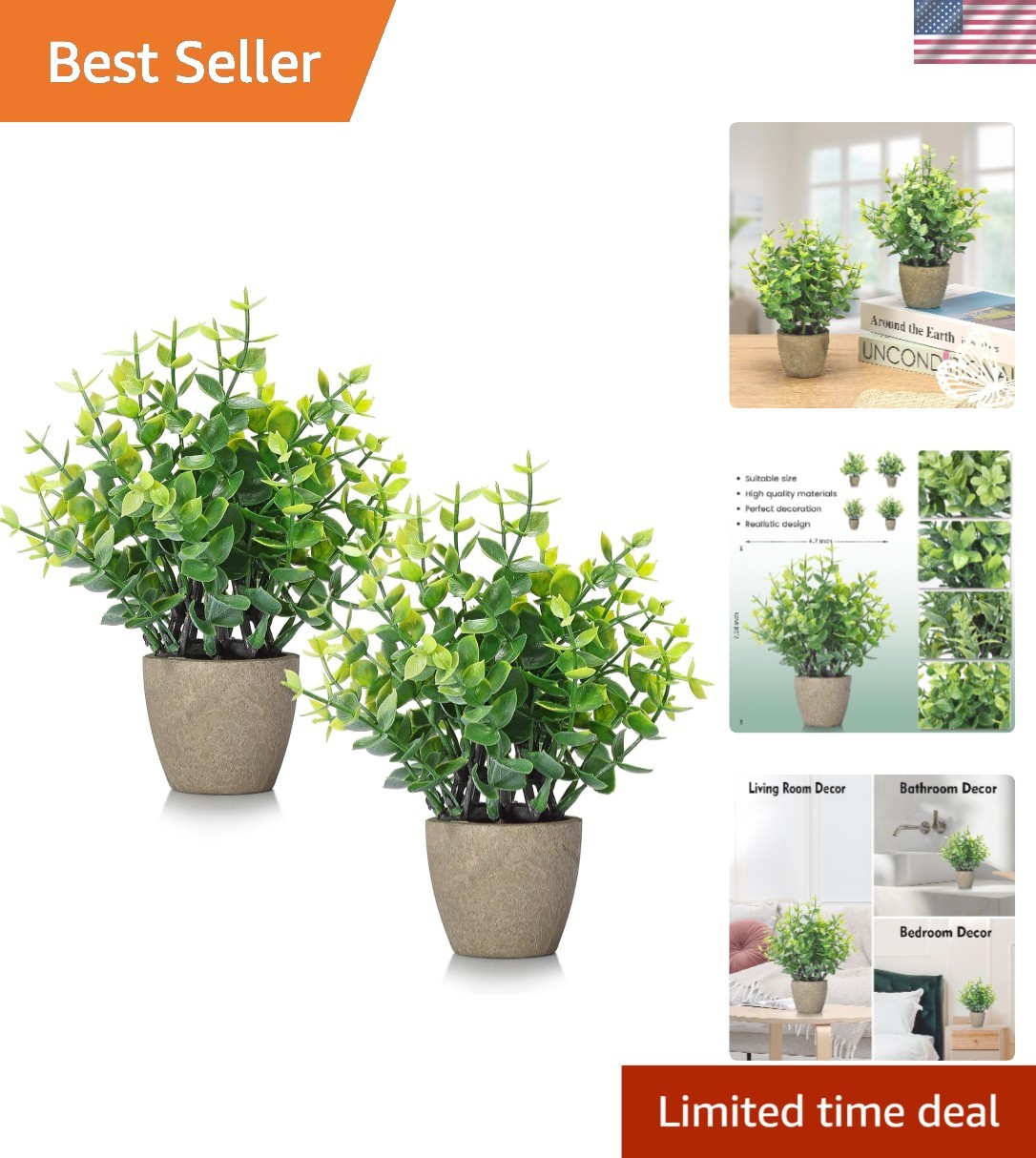 Chic 2 Pack of Mini Artificial Greenery Potted Eucalyptus for Office and Home