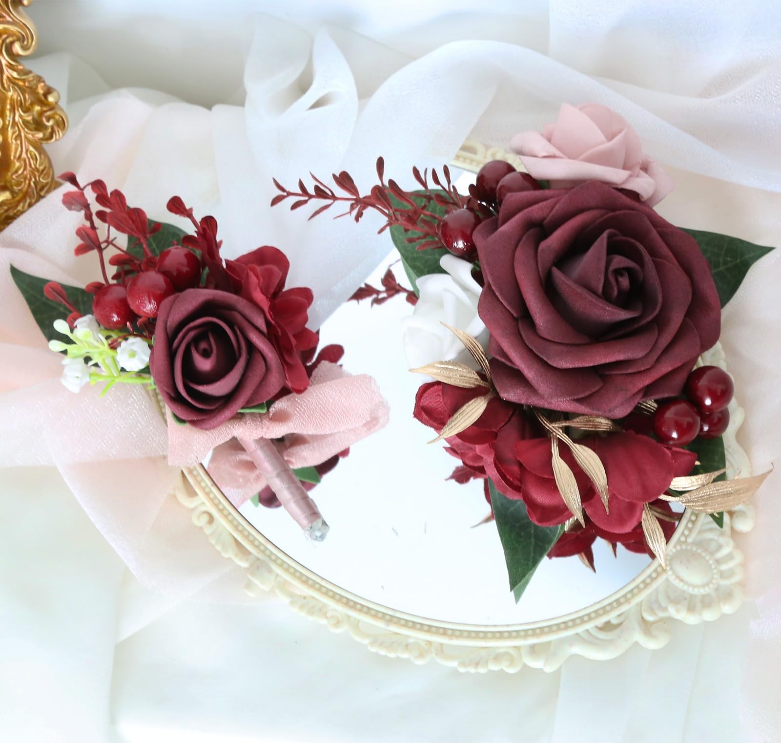2 PCS Burgundy Rose Wedding Corsage And Boutonniere Set For Men Women Prom