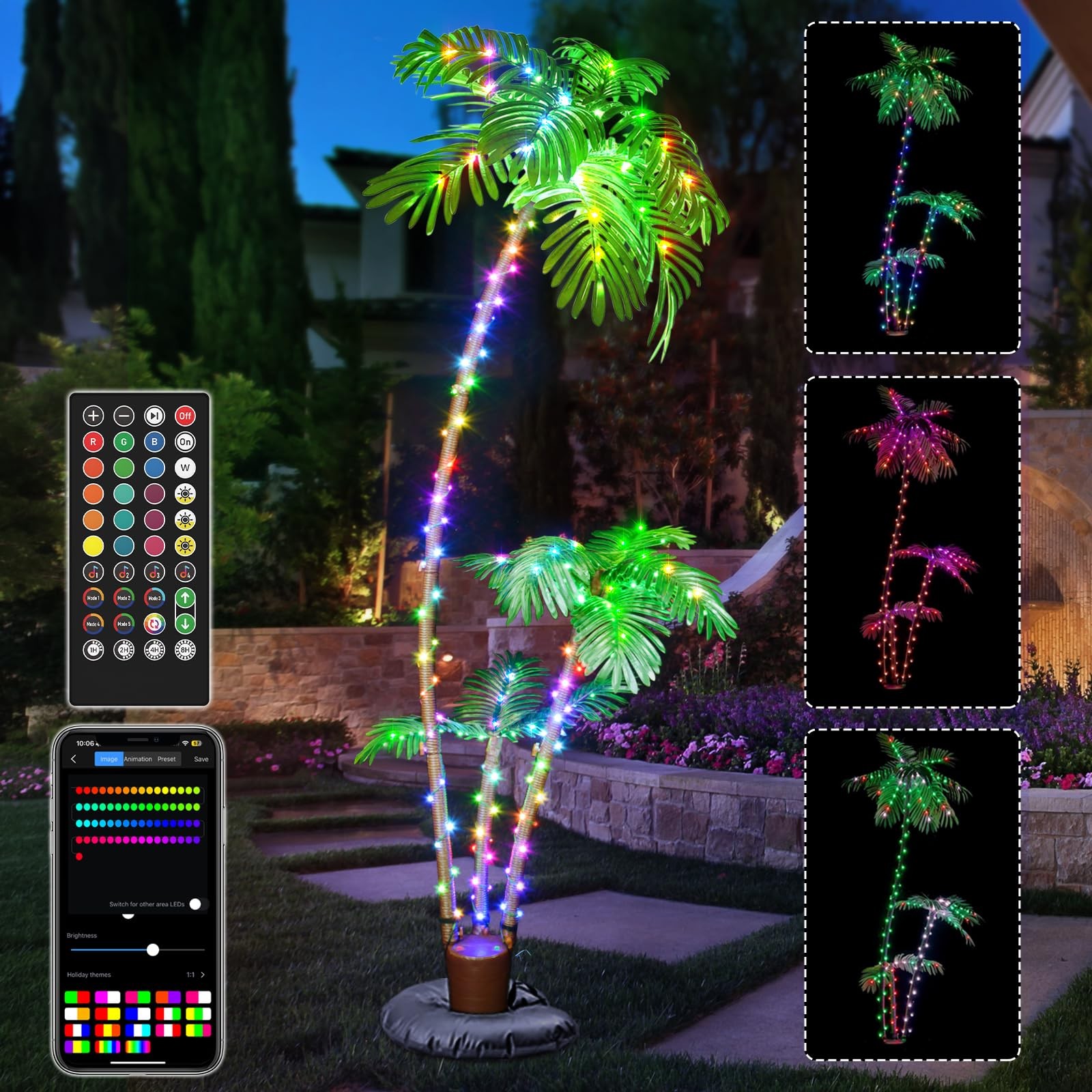 7FT Smart Lighted Palm Tree – App & Remote RGB LED with Music Sync, 3 Trunks …