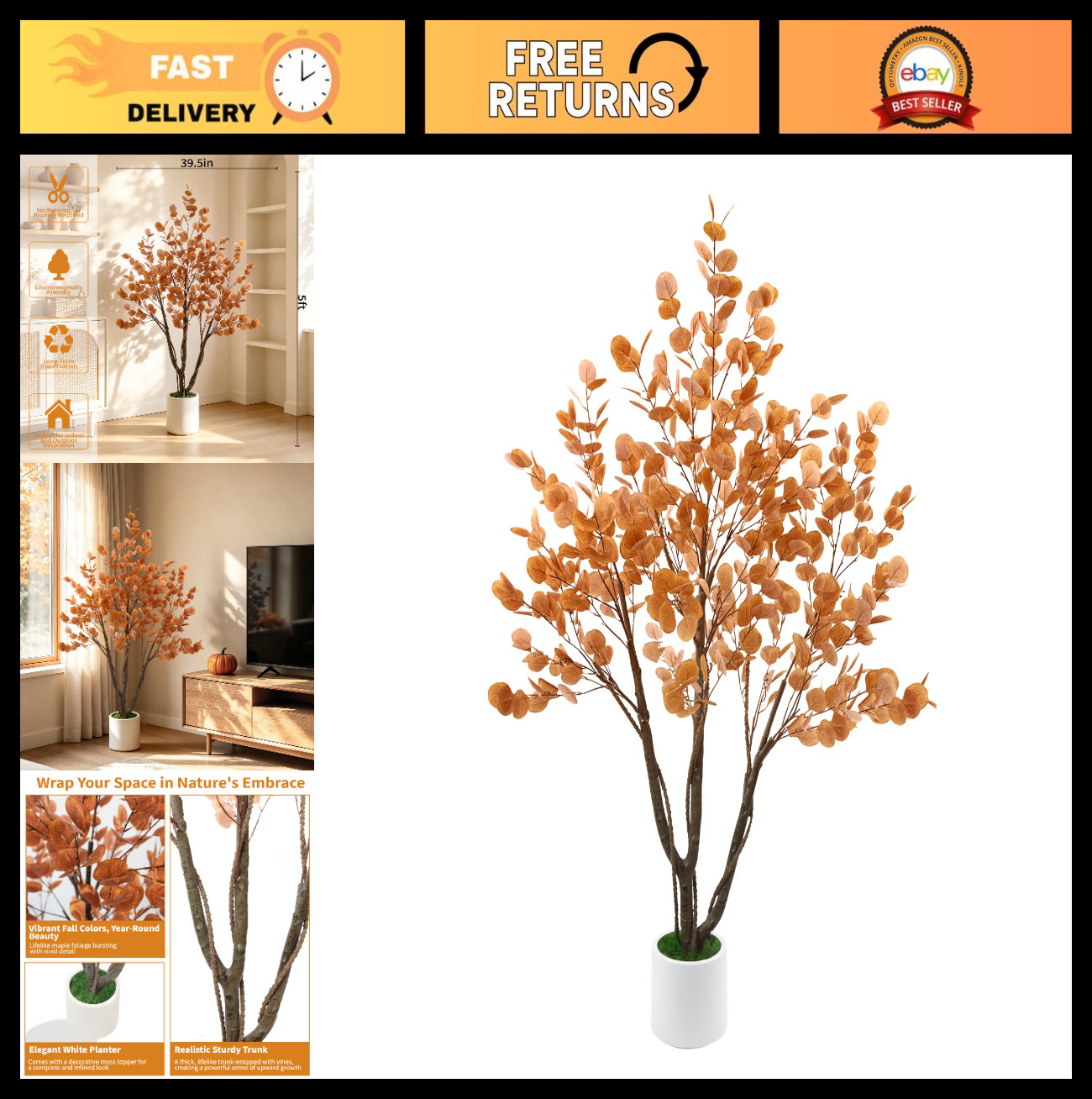5FT Artificial Eucalyptus Tree – Indoor/Outdoor Faux Plant with White Planter fo