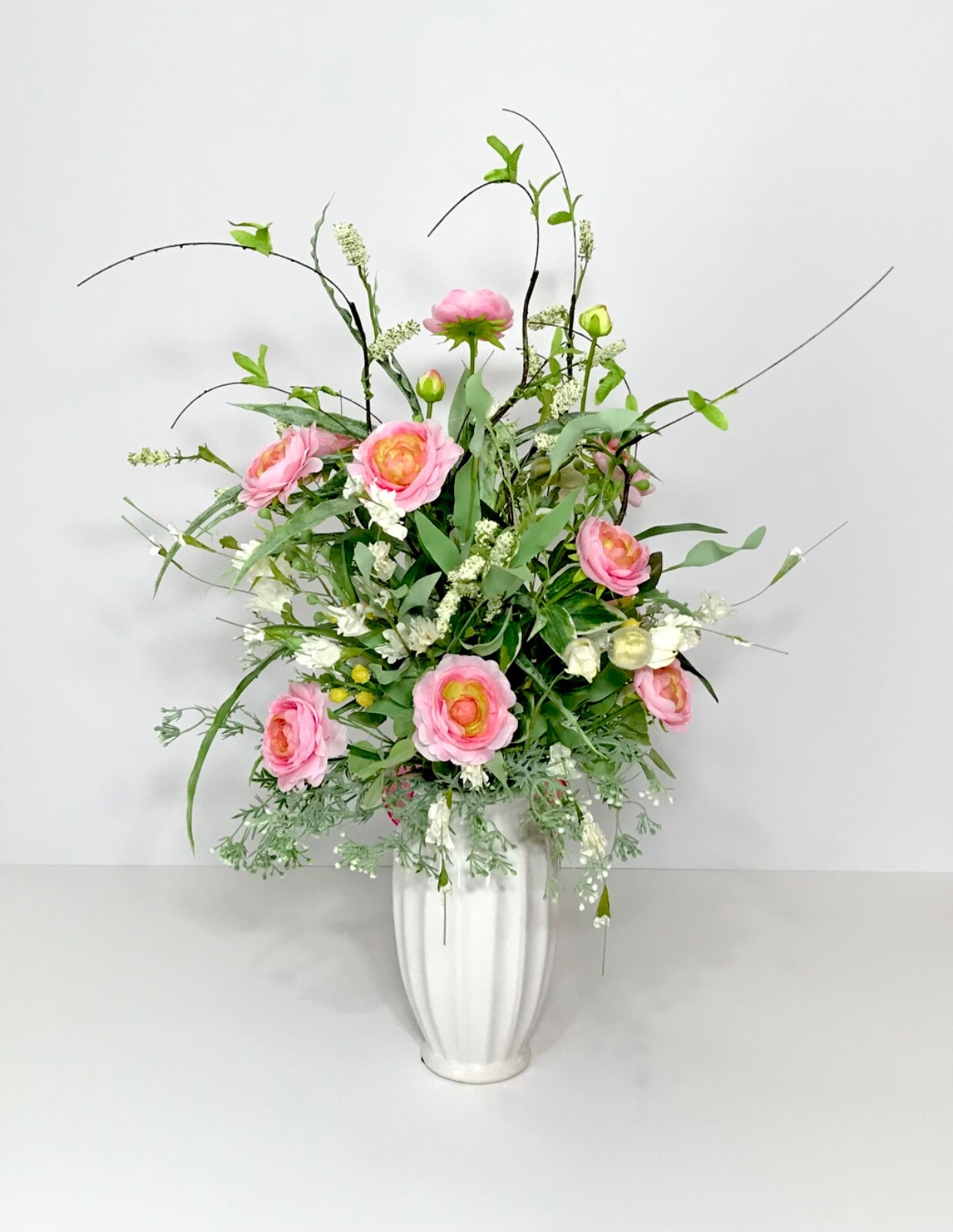 ELEGANT PINK YELLOW FLORAL ARRANGEMENT WHITE CERAMIC VASE CENTERPIECE GIFT NEW