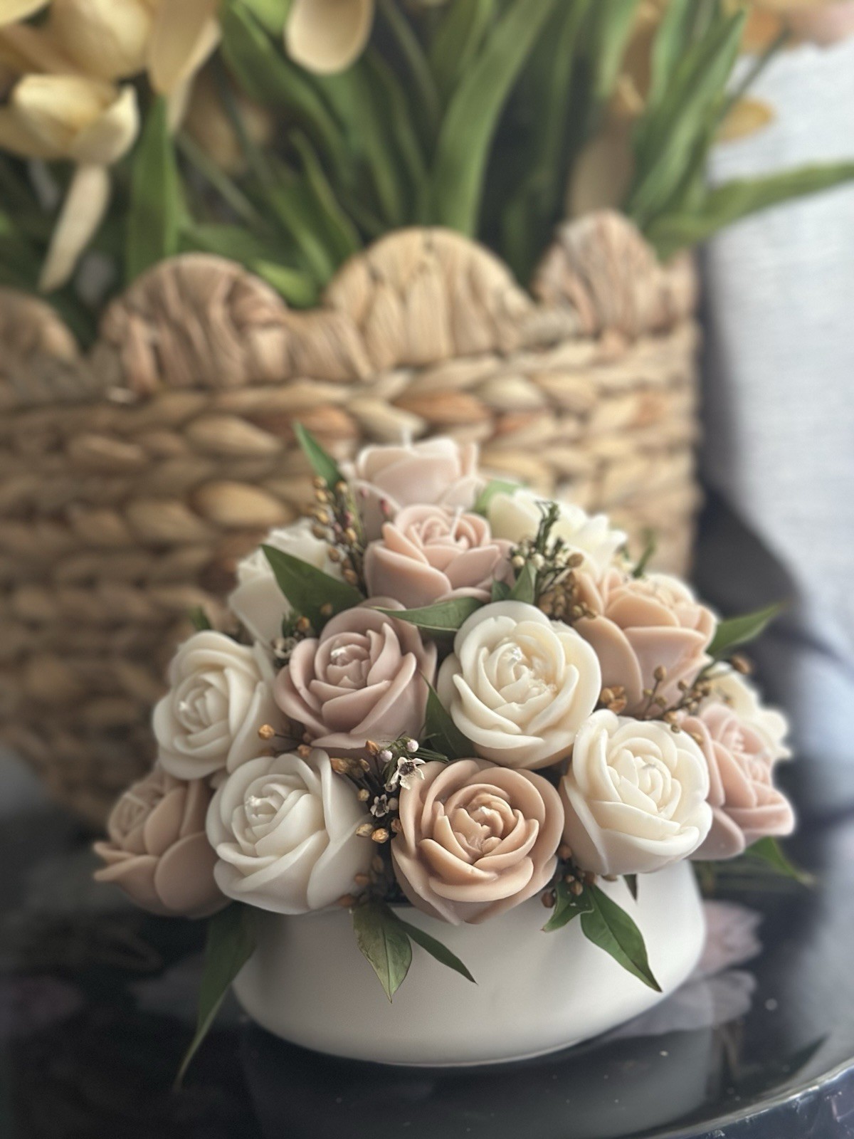 Artificial Silk Rose Flower Arrangement Centerpiece in Beige White Green Pot
