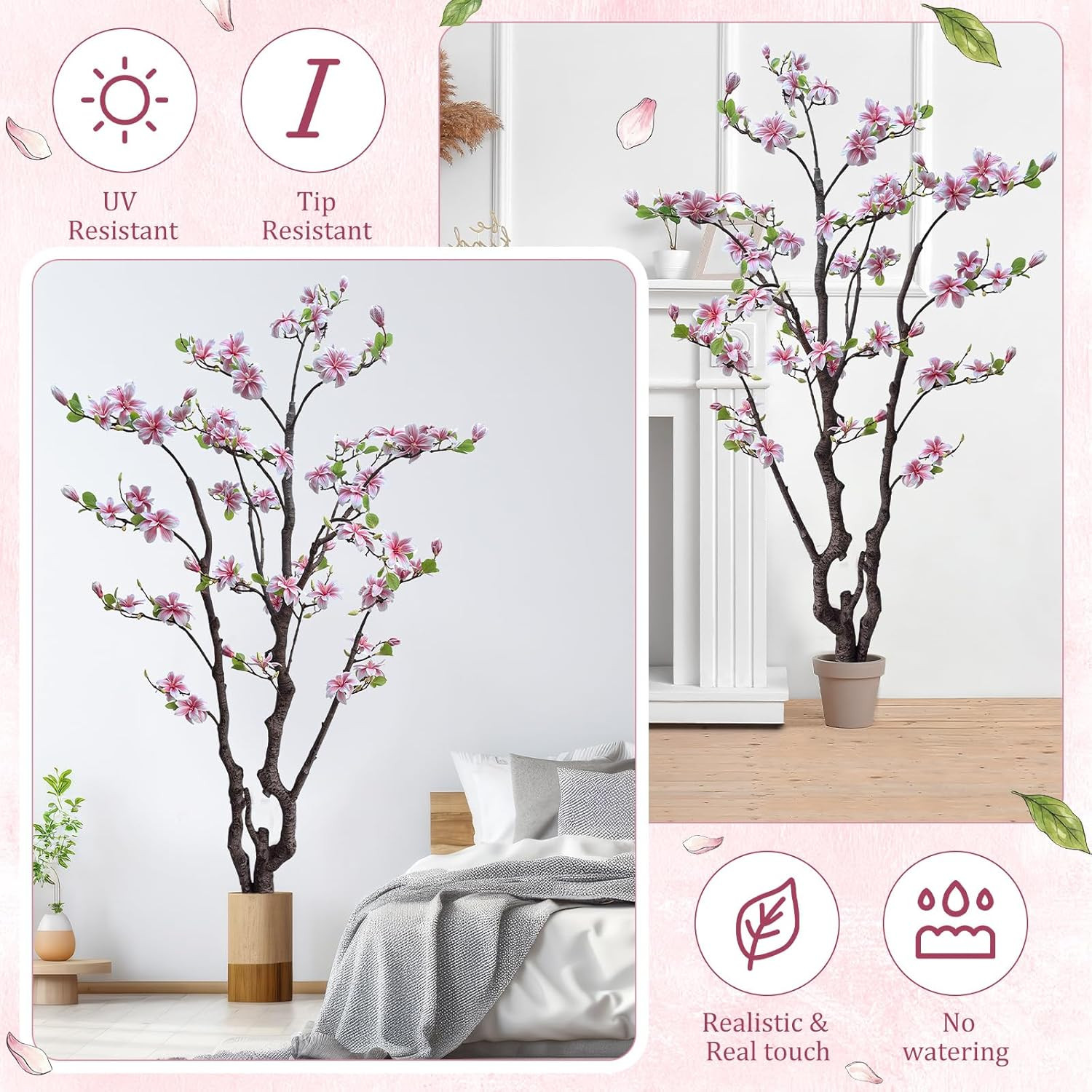 6Ft Pink Artificial Magnolia Tree – Realistic Faux Flower Plant for Home & Garde