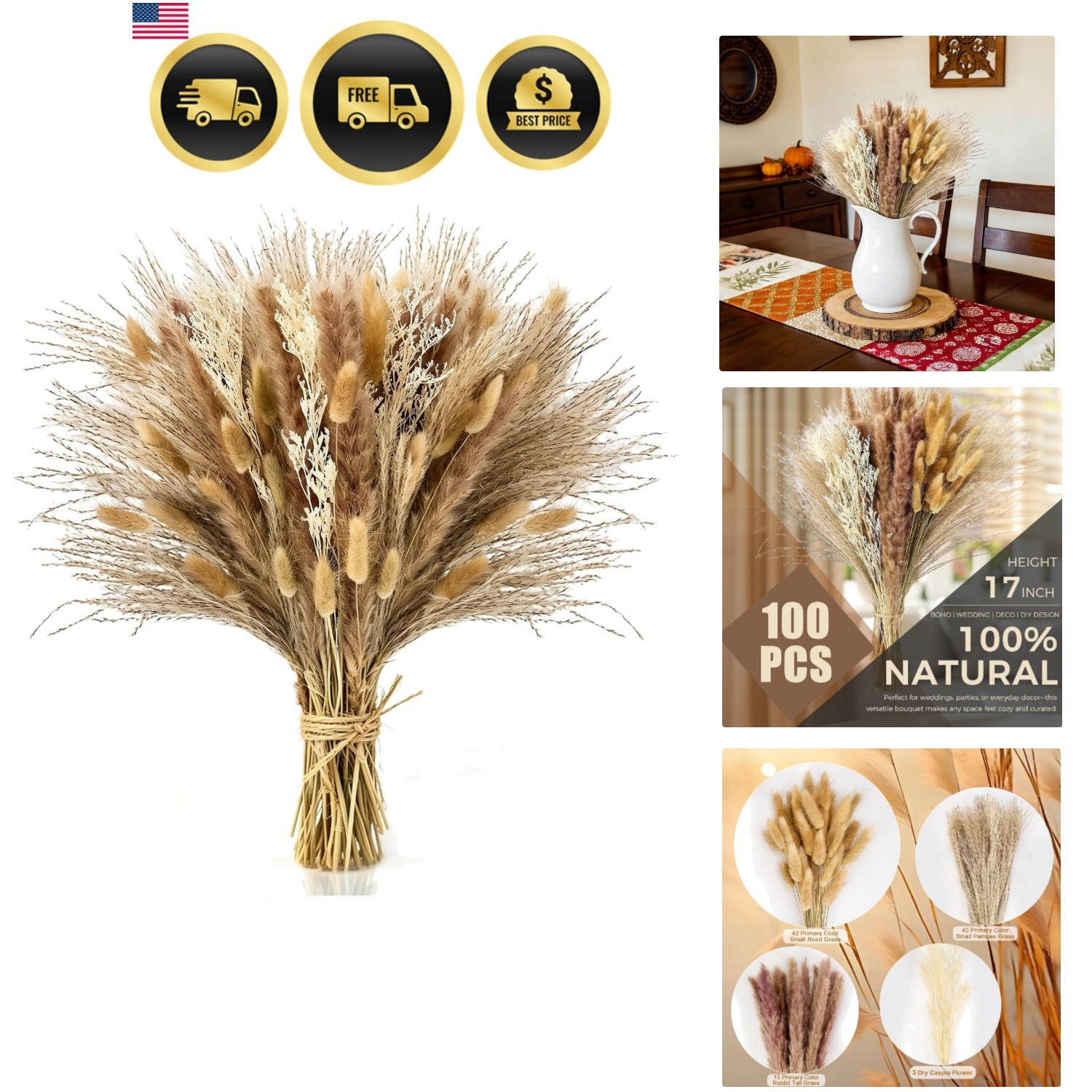 Dried Pampas Grass Bouquet Boho Decor Wedding Centerpiece Fall Vase