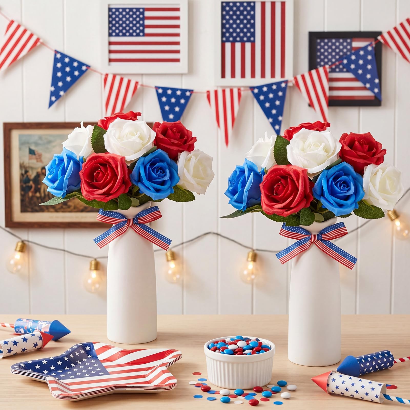 4th of July Decorations 2 Sets Artificial Flowers and Vase Red Blue White Pat…
