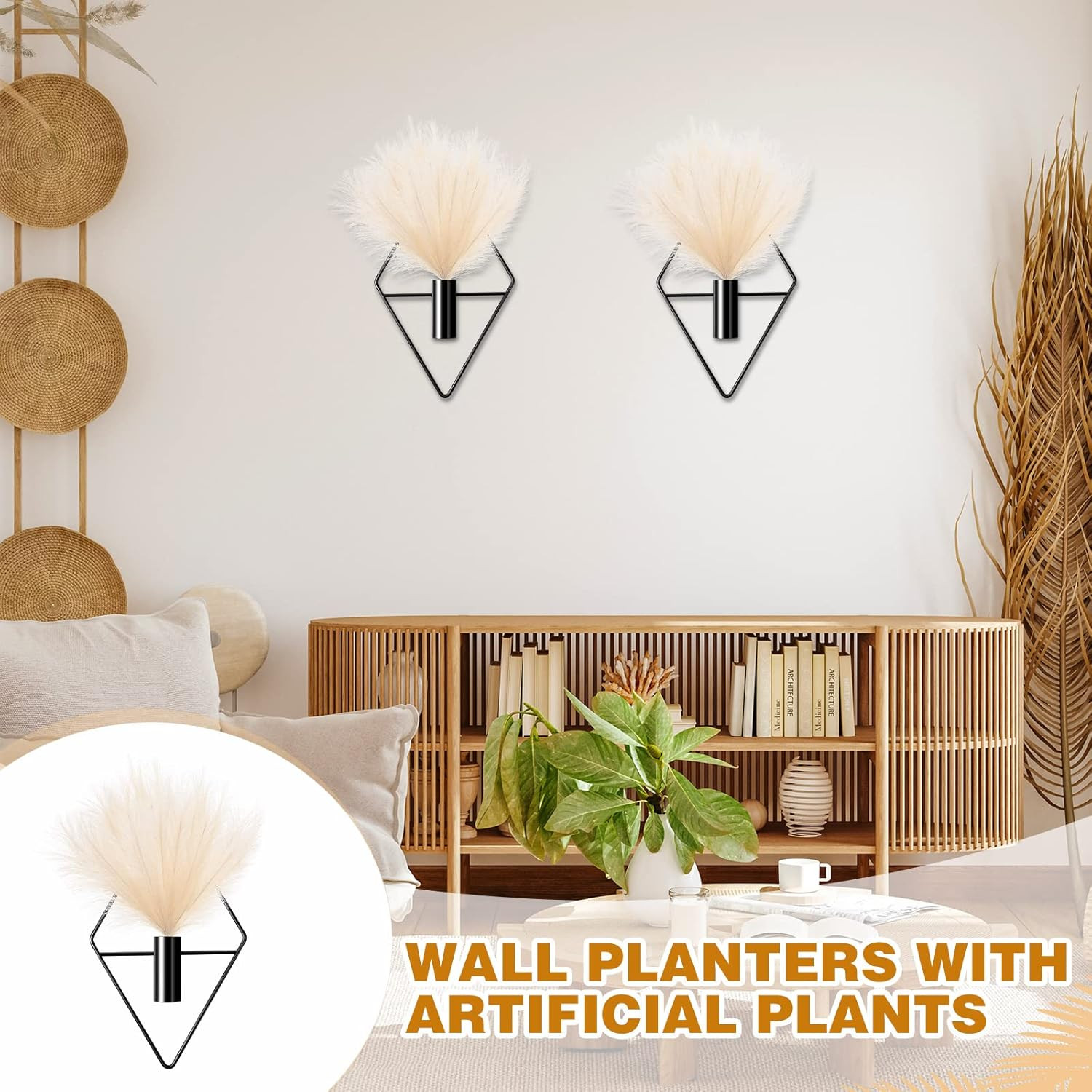 2 Pcs Boho Wall Decor Gold Wall Art Hanging Planters with Artificial Pampas Moun