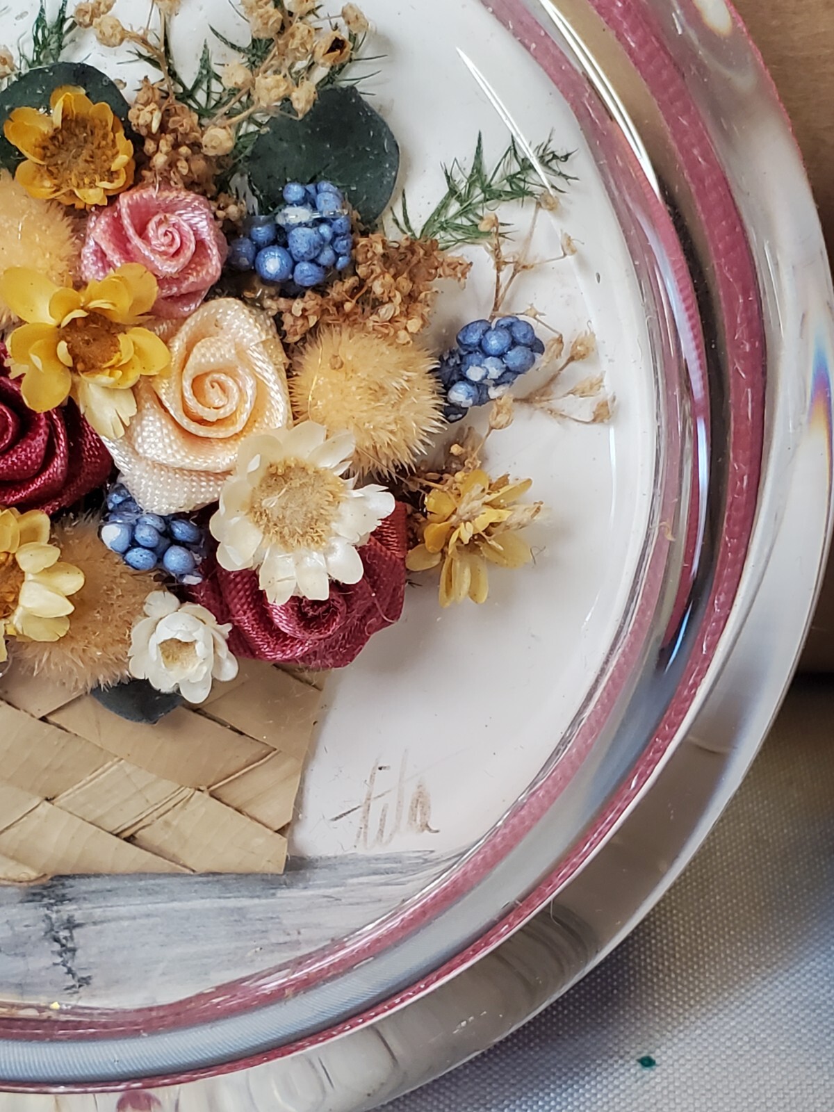 Convex Glass Bubble Dried Floral Silk Ribbon Floral Wall Art Shabby Elegance Set