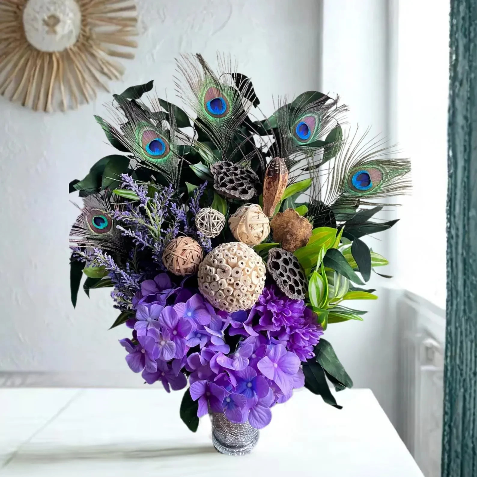 Peacock Centerpiece: Purple & Green Floral Arrangement, Cute Earthy Home Decor